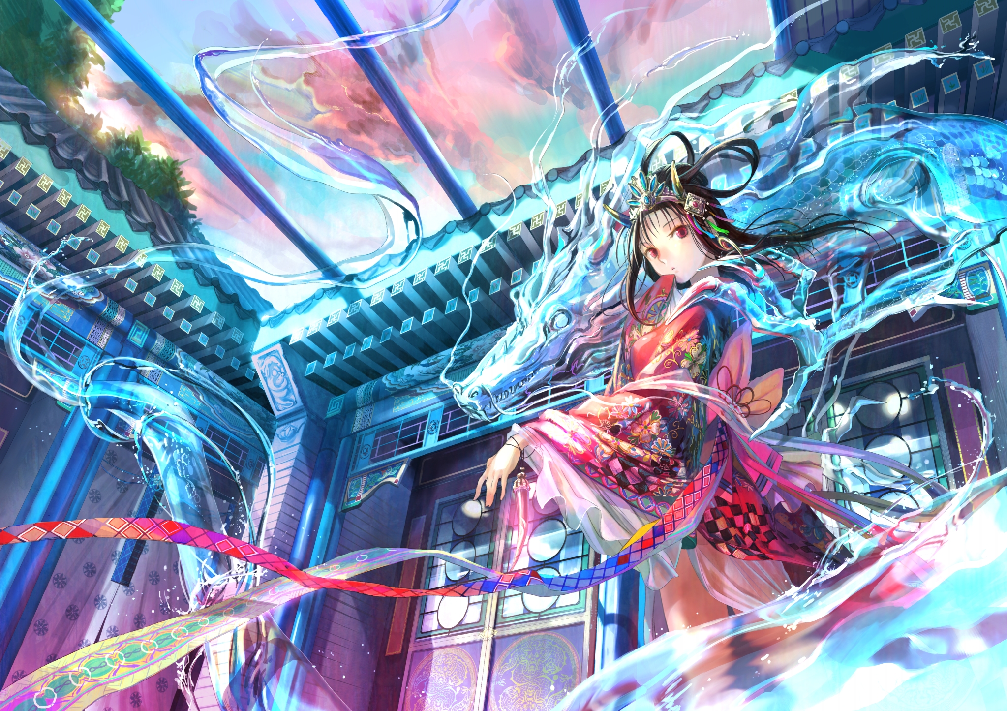 Dragon, Girl, Blurred, Anime, House, Ribbon, Colorful Wallpaper Anime Girl