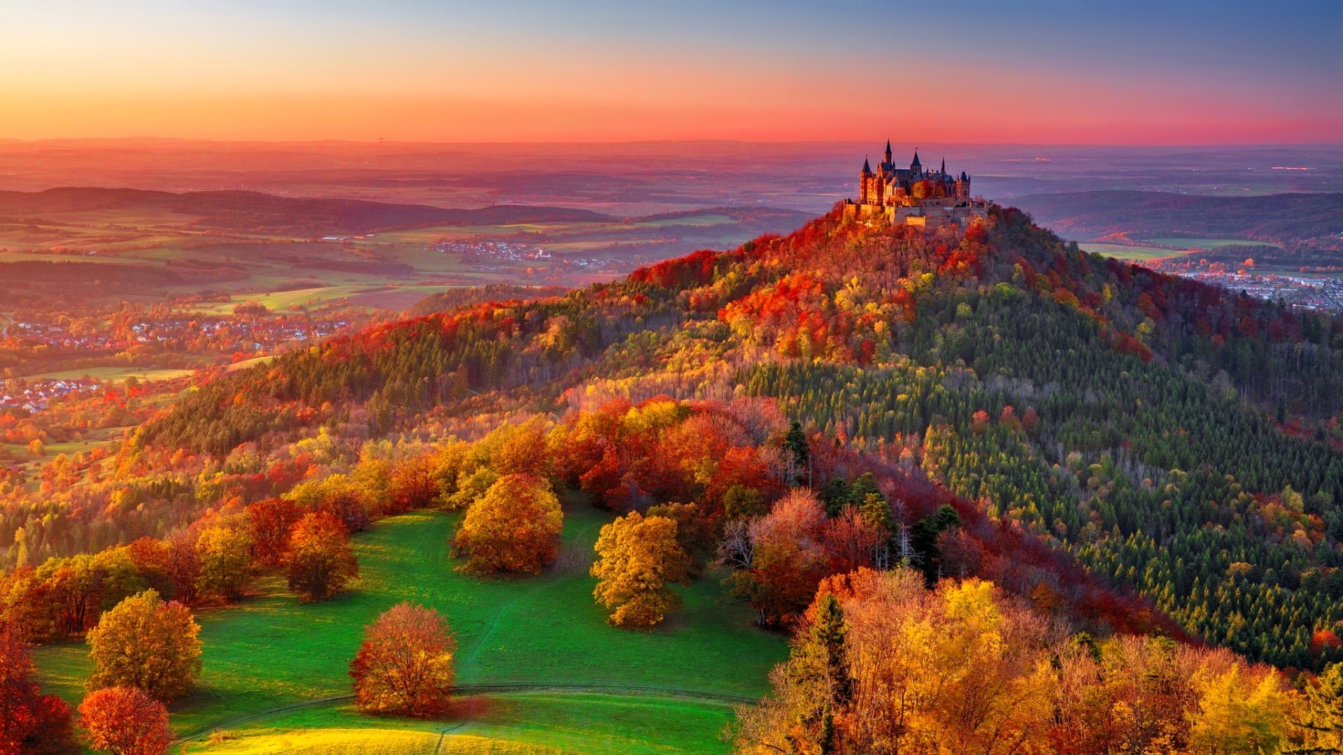 fall, colorful, autumn, view, beautiful, sky, foliage, mountain, castle, hill