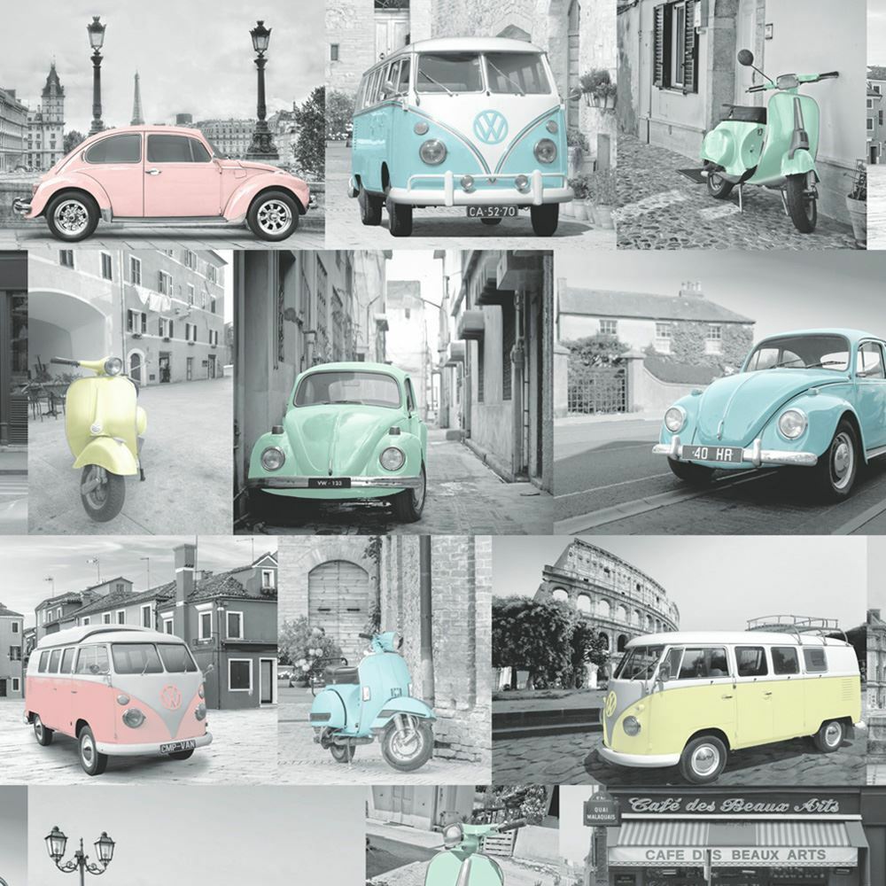 VW VOLKSWAGEN Collage Wallpaper Pastel Muriva 102563 Campervan Feature Wall online