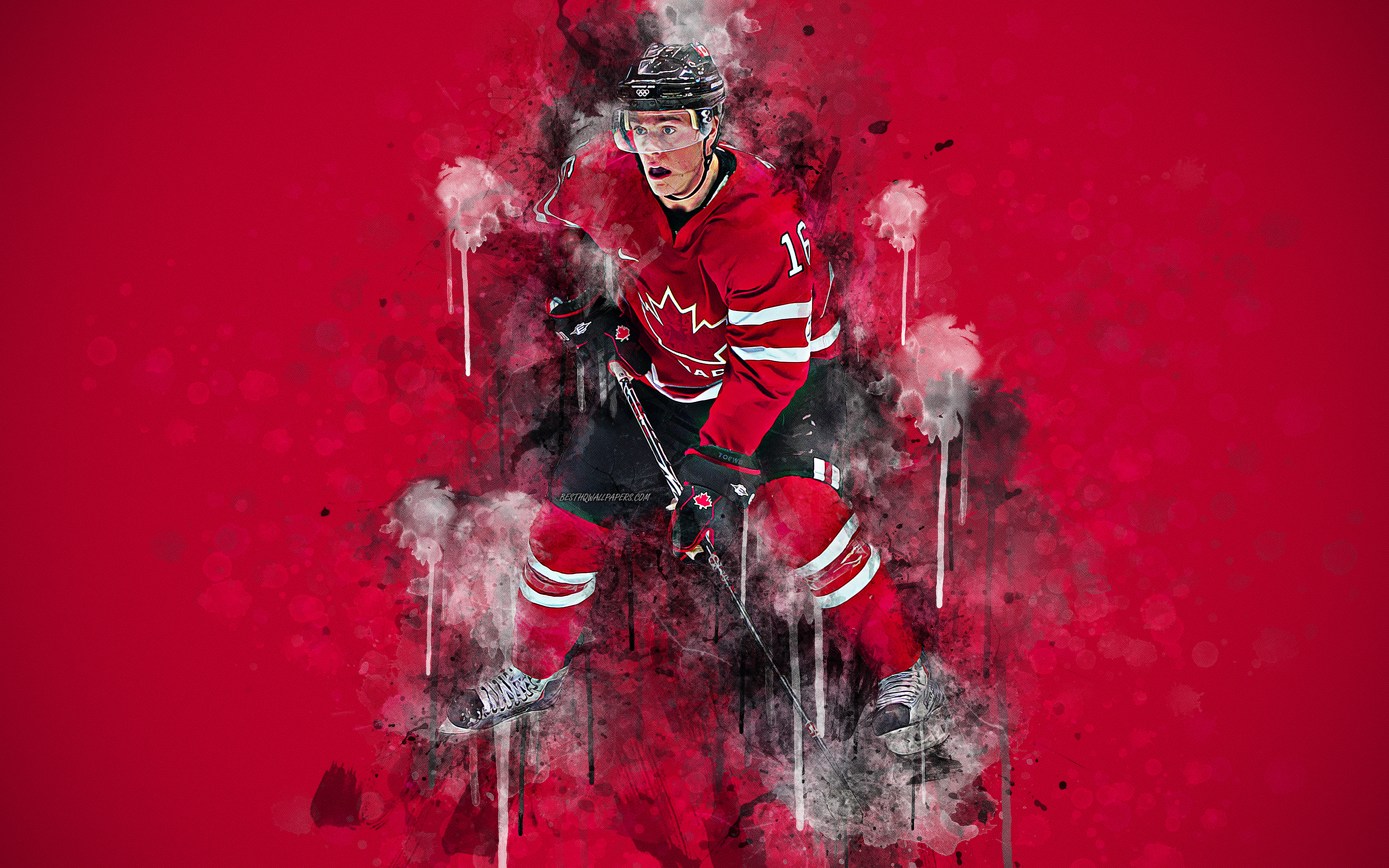 Download wallpaper Jonathan Toews, 4k, Canadian hockey player, red art, grunge style, Canadian hockey team, creative art, splashes, hockey, Canada, red grunge background for desktop with resolution 3840x2400. High Quality HD picture