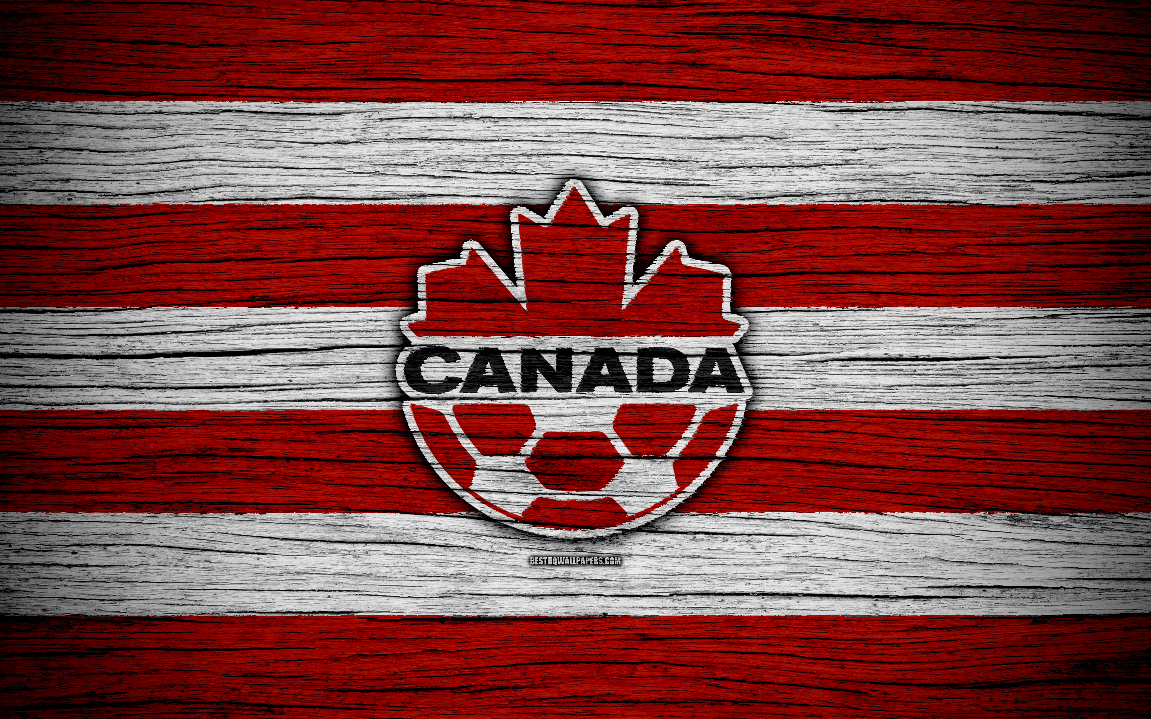 Download wallpaper 4k, Canada national football team, logo, North America, football, wooden texture, soccer, Costa Rica, emblem, North American national teams, Canadian football team for desktop with resolution 3840x2400. High Quality HD