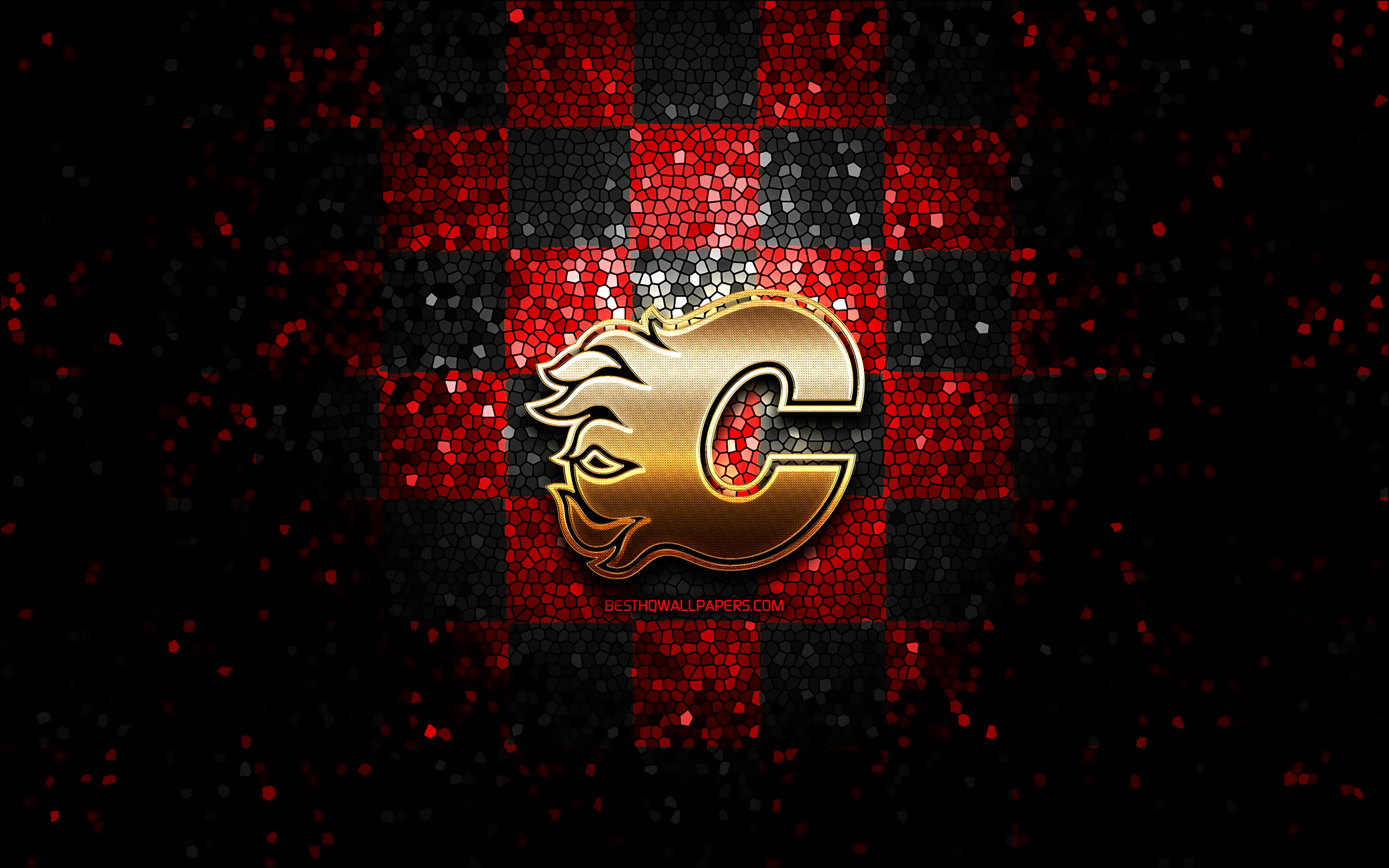 Download wallpaper Calgary Flames, glitter logo, NHL, red black checkered background, USA, canadian hockey team, Calgary Flames logo, mosaic art, hockey, Canada for desktop with resolution 2880x1800. High Quality HD picture wallpaper