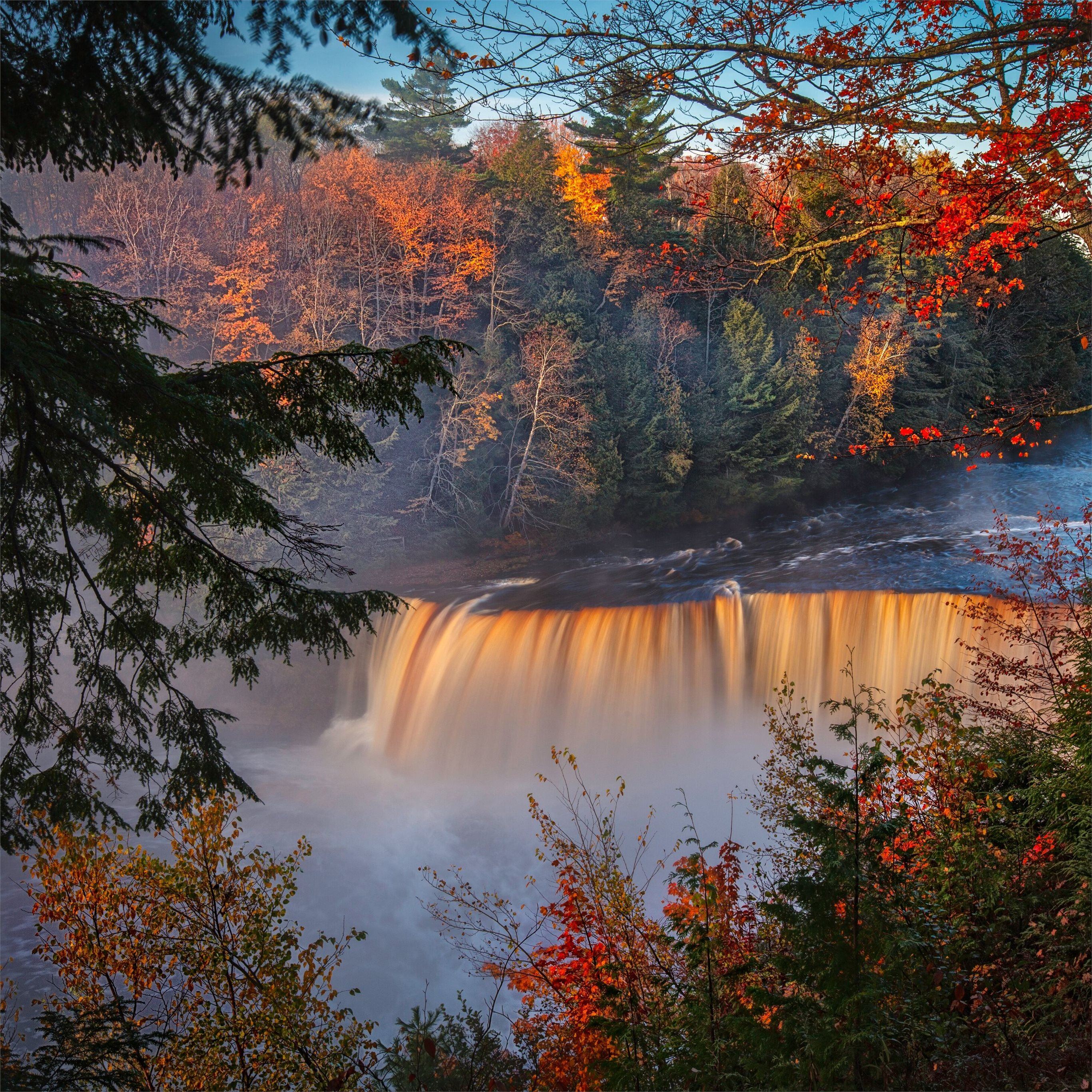 autumn waterfall forest fall 5k iPad Pro Wallpaper Free Download