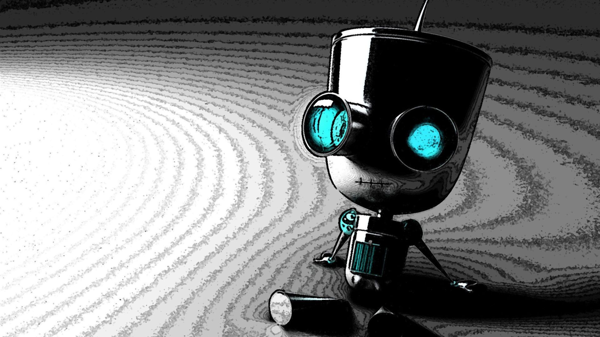 Wallpaper, digital art, robot, glasses, artwork, concept art, Invader Zim, Gir, cool, screenshot, 1920x1080 px, computer wallpaper, black and white, monochrome photography, vision care 1920x1080
