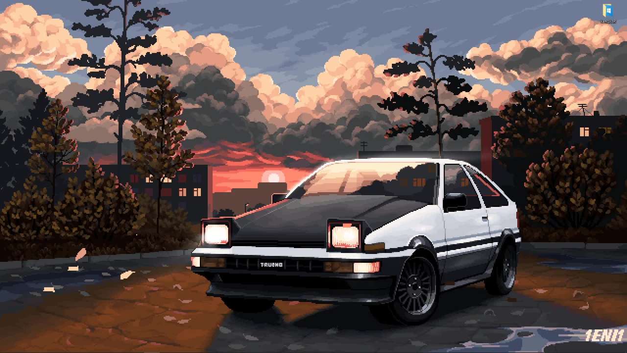Pixel Toyota AE86 at sunset live wallpaper on desktop