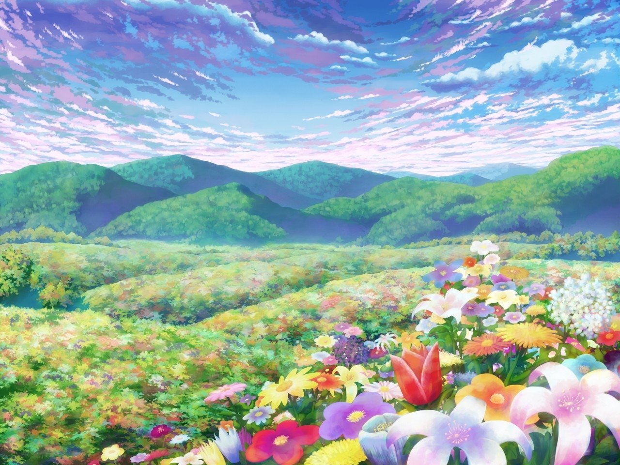 Download Wallpaper, Download 1280x960 green clouds landscapes flowers hills anime blue skies Wallpaper –Free Wallpaper Download