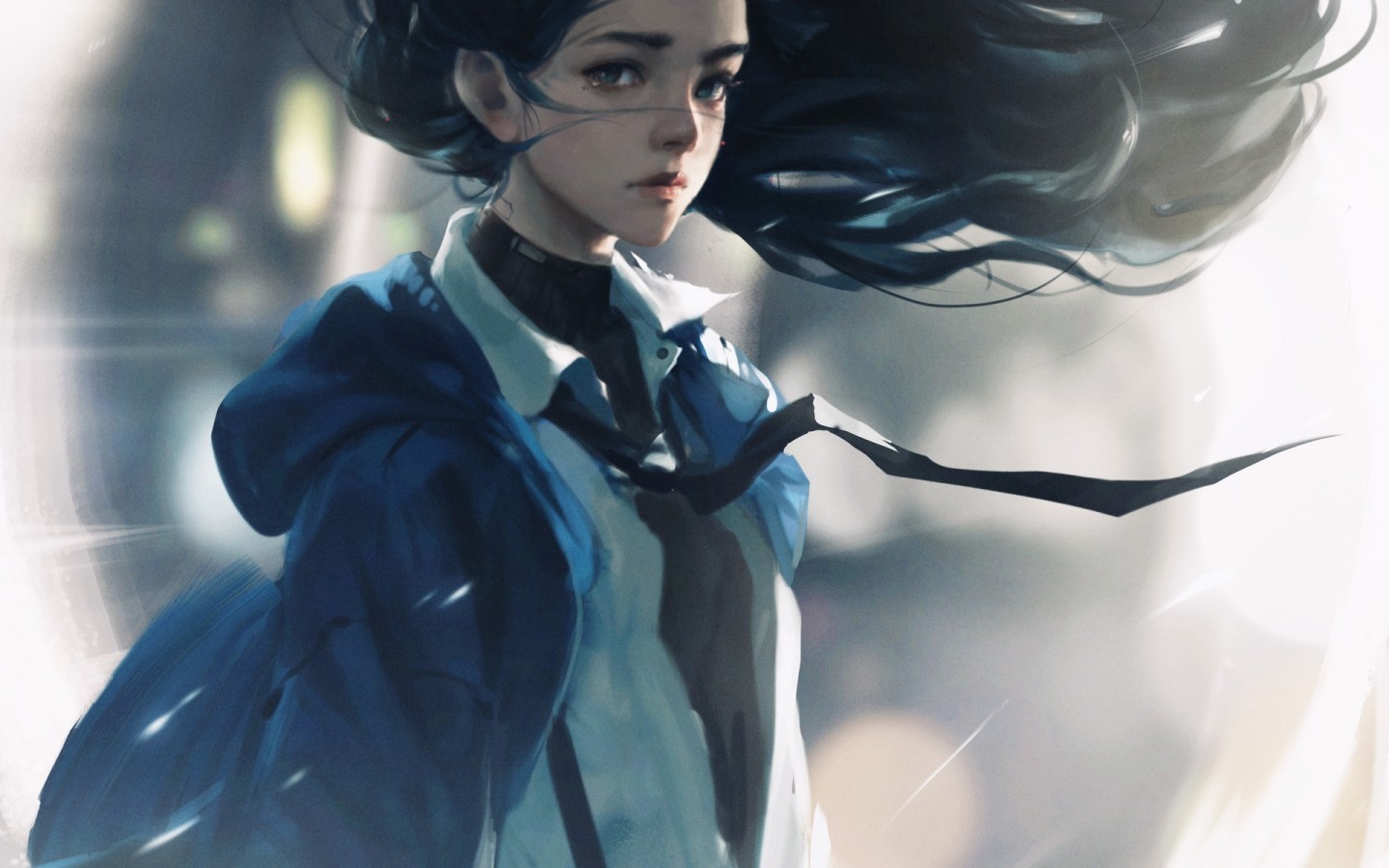Anime Girl, Wind, Long Hair, Semi Realistic, Sad Expression Anime Girl Art