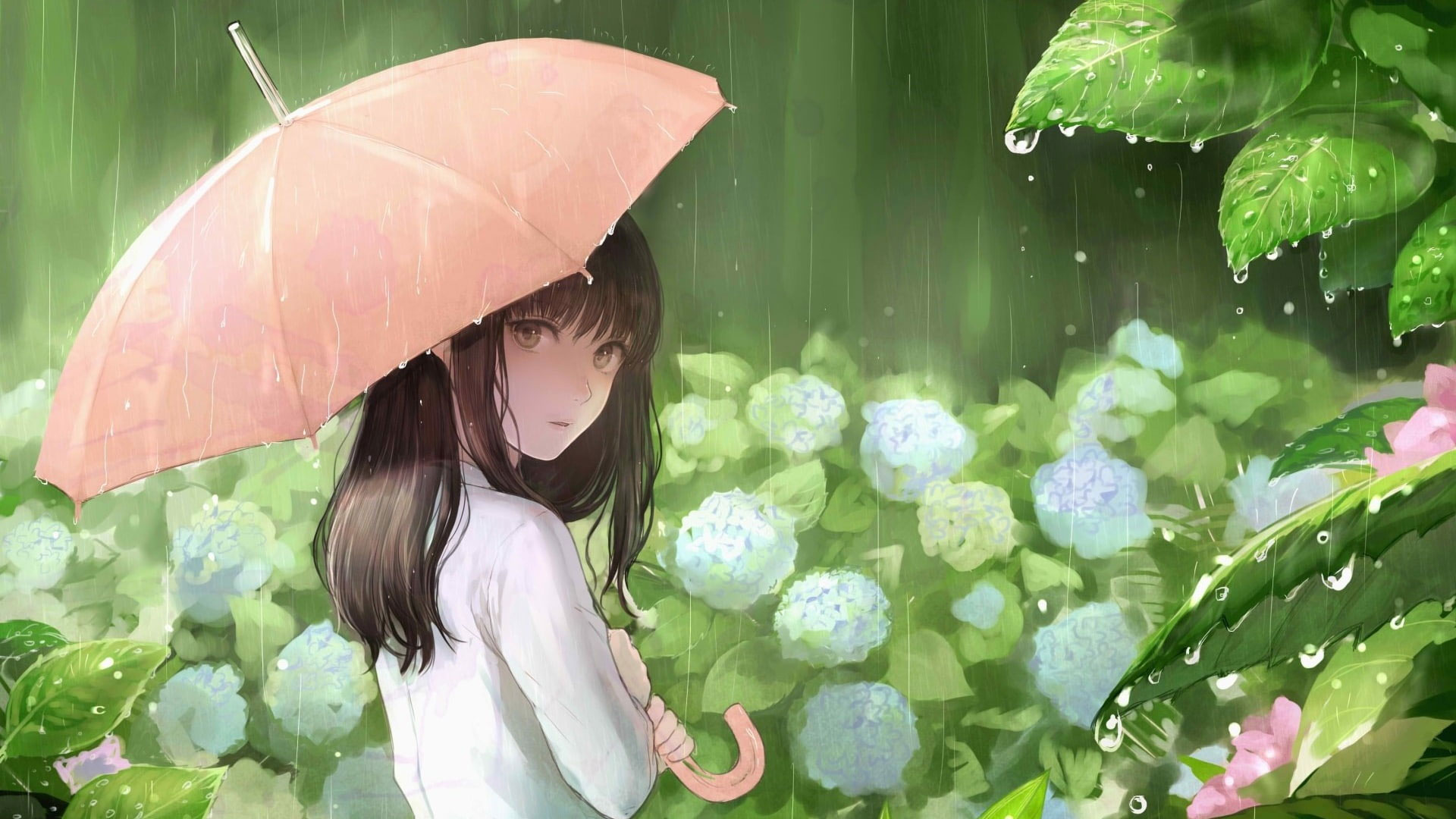 Wallpaper Flowers, Green, Anime Girl, Rainy Day, Anime Art • Wallpaper For You