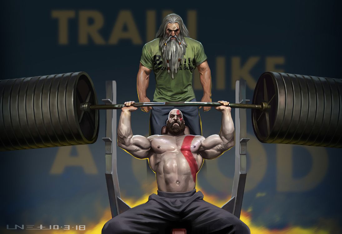 Wallpaper Kratos Training, God of War, Kratos, Weightlifter, Barbell, Background Free Image
