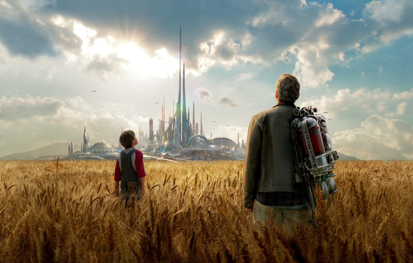 Wallpaper field, the city, fiction, ears, utopia, George Clooney, George Clooney, Tomorrowland, parallel world, Future earth, cylinder image for desktop, section фильмы