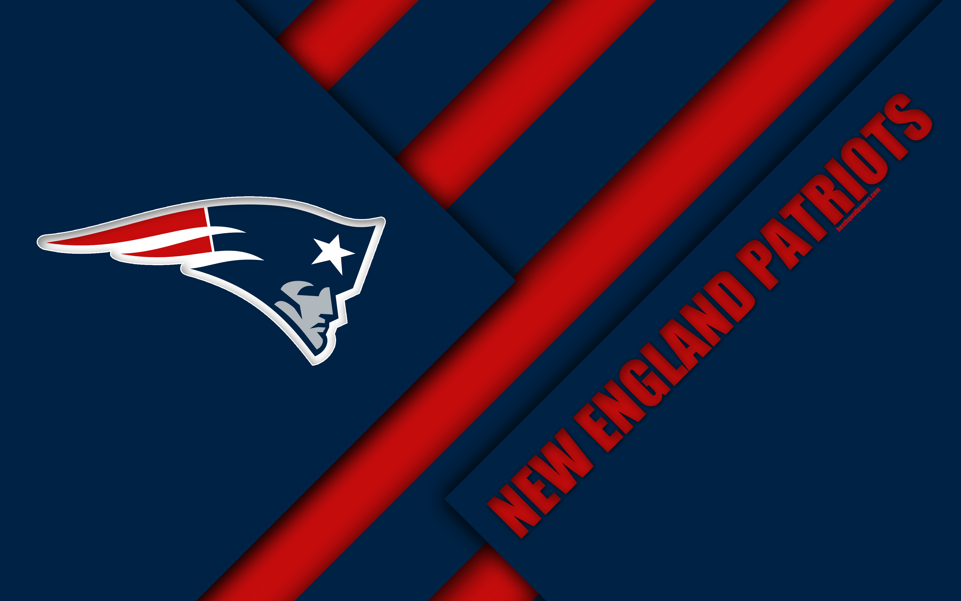 Download wallpaper New England Patriots, 4k, logo, NFL, blue red abstraction, AFC East, material design, American football, New England, USA, National Football League for desktop with resolution 3840x2400. High Quality HD picture