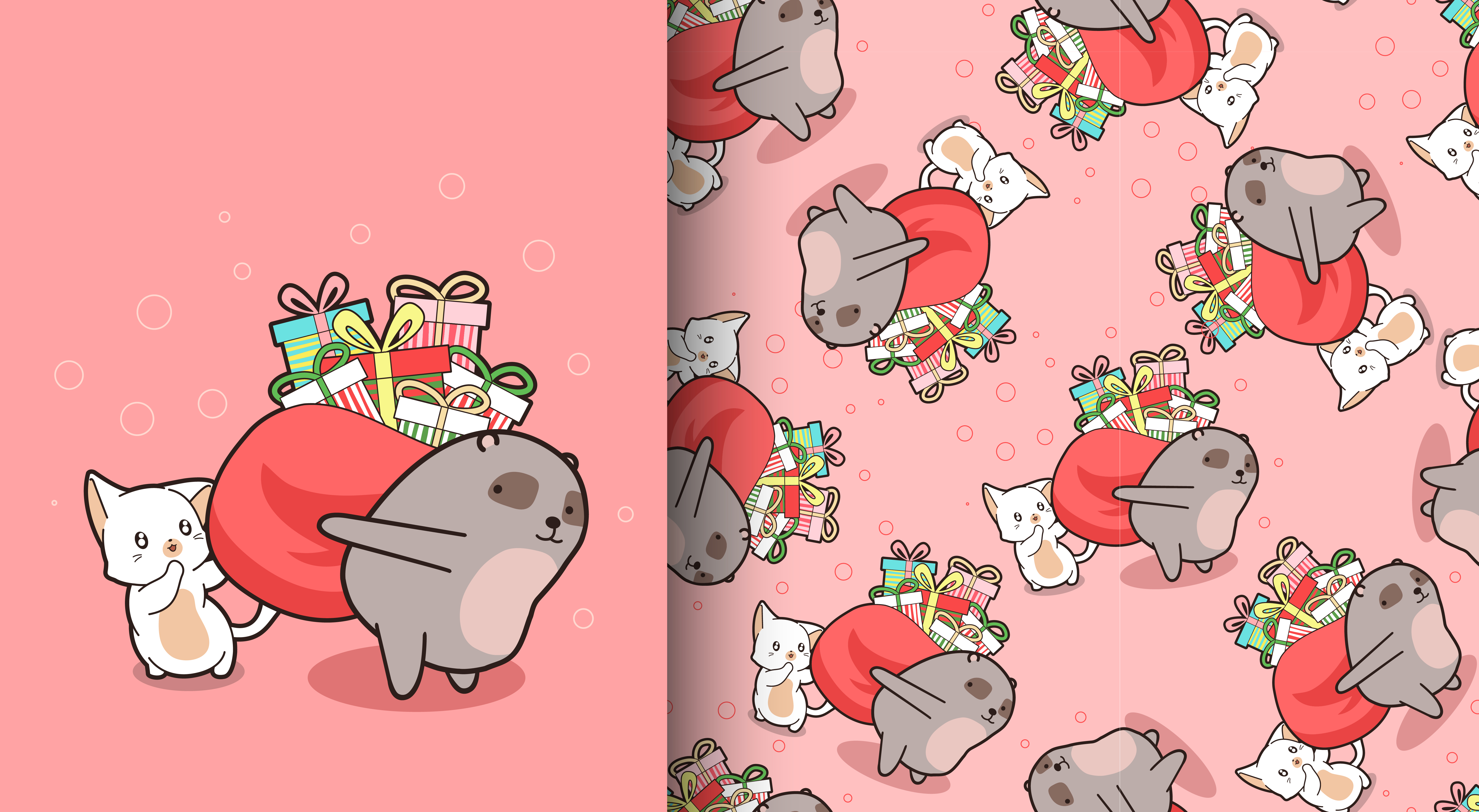 Seamless pattern kawaii bear and cat with gift bag