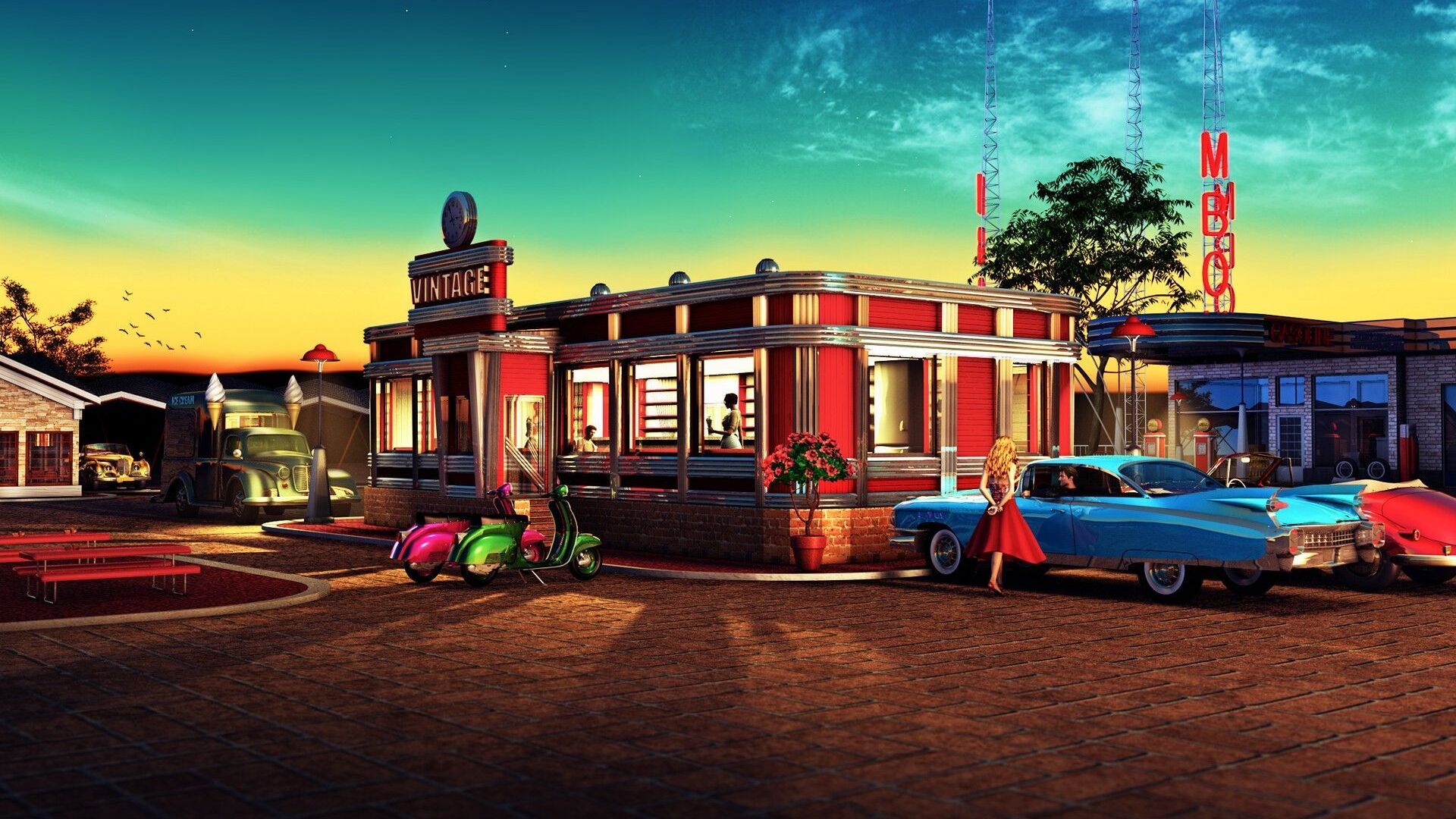 Retro Diner Laptop Full HD 1080P HD 4k Wallpaper, Image, Background, Photo and Picture