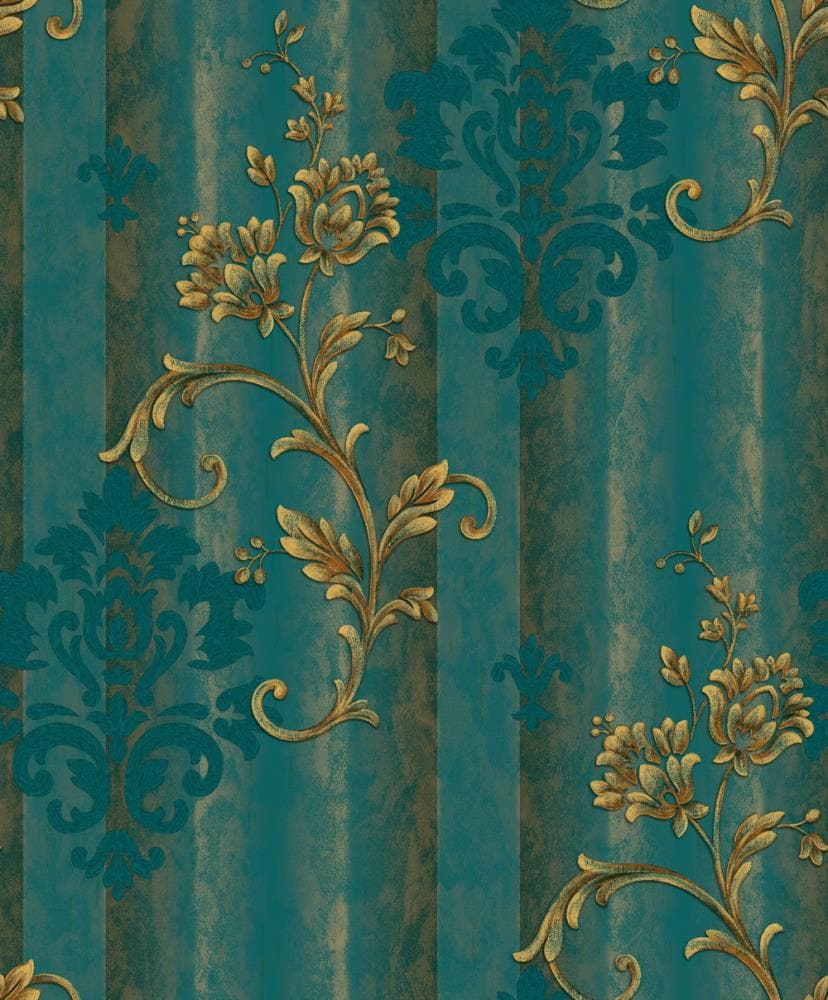 Dundee Deco Falkirk Ophia 57.75 Sq Ft Gold, Teal Vinyl Floral Stripe Unpasted Wallpaper In The Wallpaper Department At Lowes.com
