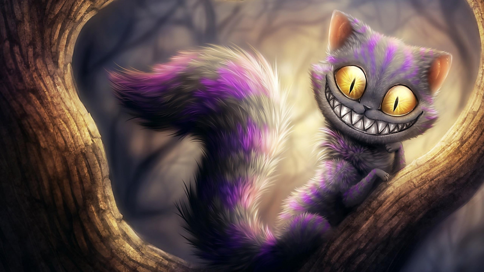 Wallpaper, cat, fantasy art, Cheshire Cat, artwork, purple, branch, smiling, Alice in Wonderland, emotion, color, eye, darkness, screenshot, computer wallpaper, organ, close up, macro photography 2560x1440