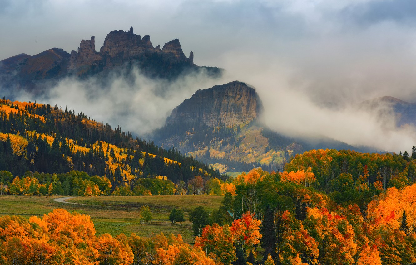 Wallpaper autumn, forest, trees, mountains, fog, paint, Colorado, USA, state image for desktop, section пейзажи