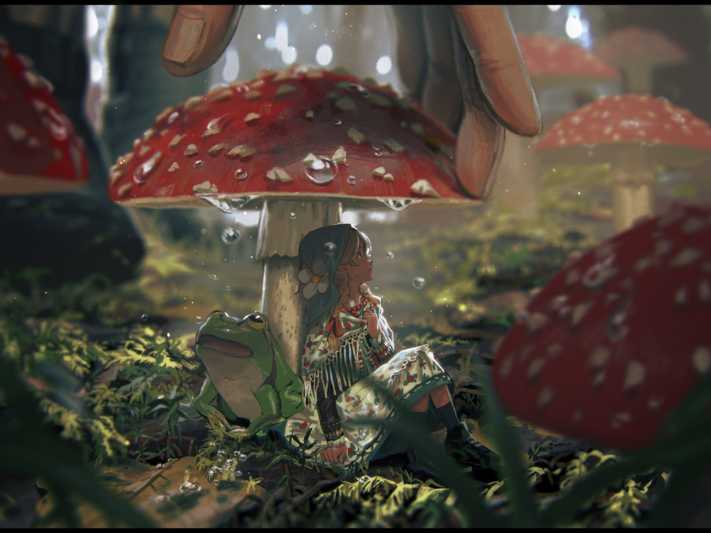 Desktop Wallpaper Small Girl, Frog, Mushroom, Fantasy Art, HD Image, Picture, Background, 76htee