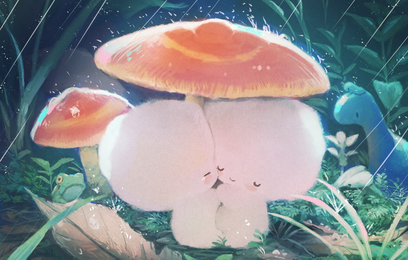 Wallpaper nature, rain, mushrooms, frog, crank, dinosaur image for desktop, section арт