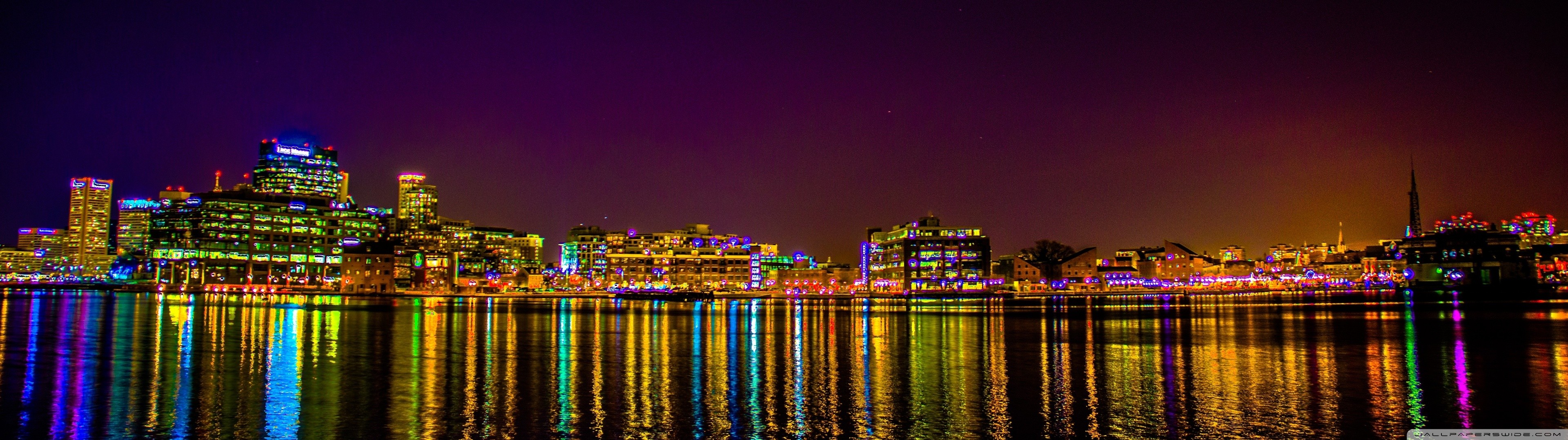 Wallpaper, city, cityscape, night, reflection, skyline, evening, dusk, landmark, 3840x1080 px, General 3840x1080