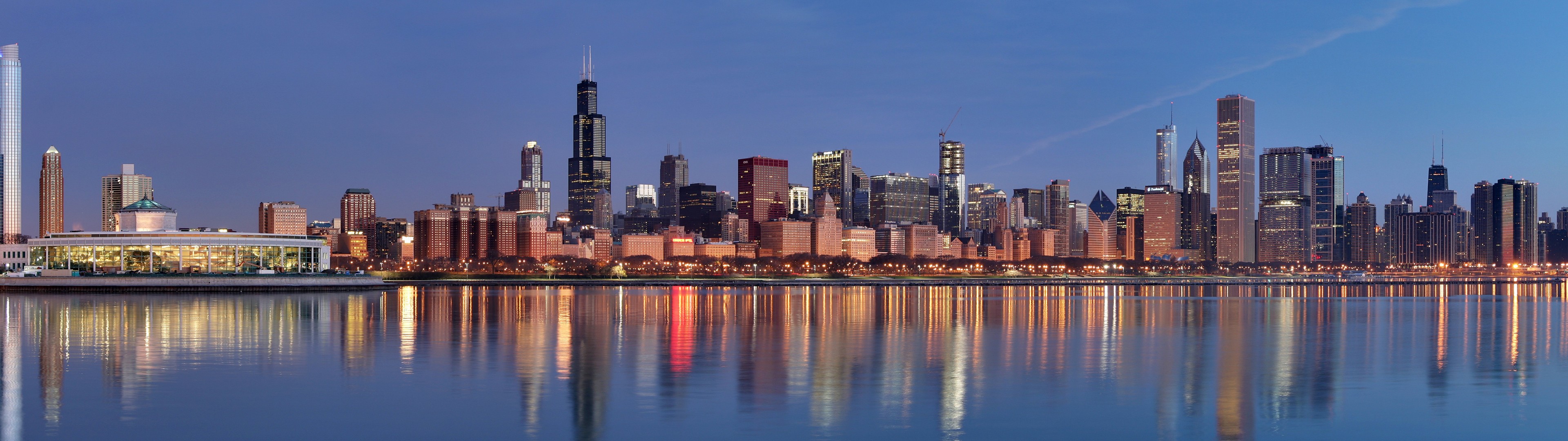 Download 3840x1080 Chicago, Illinois, USA, city, skyscraper, multiple display, reflection Wallpaper