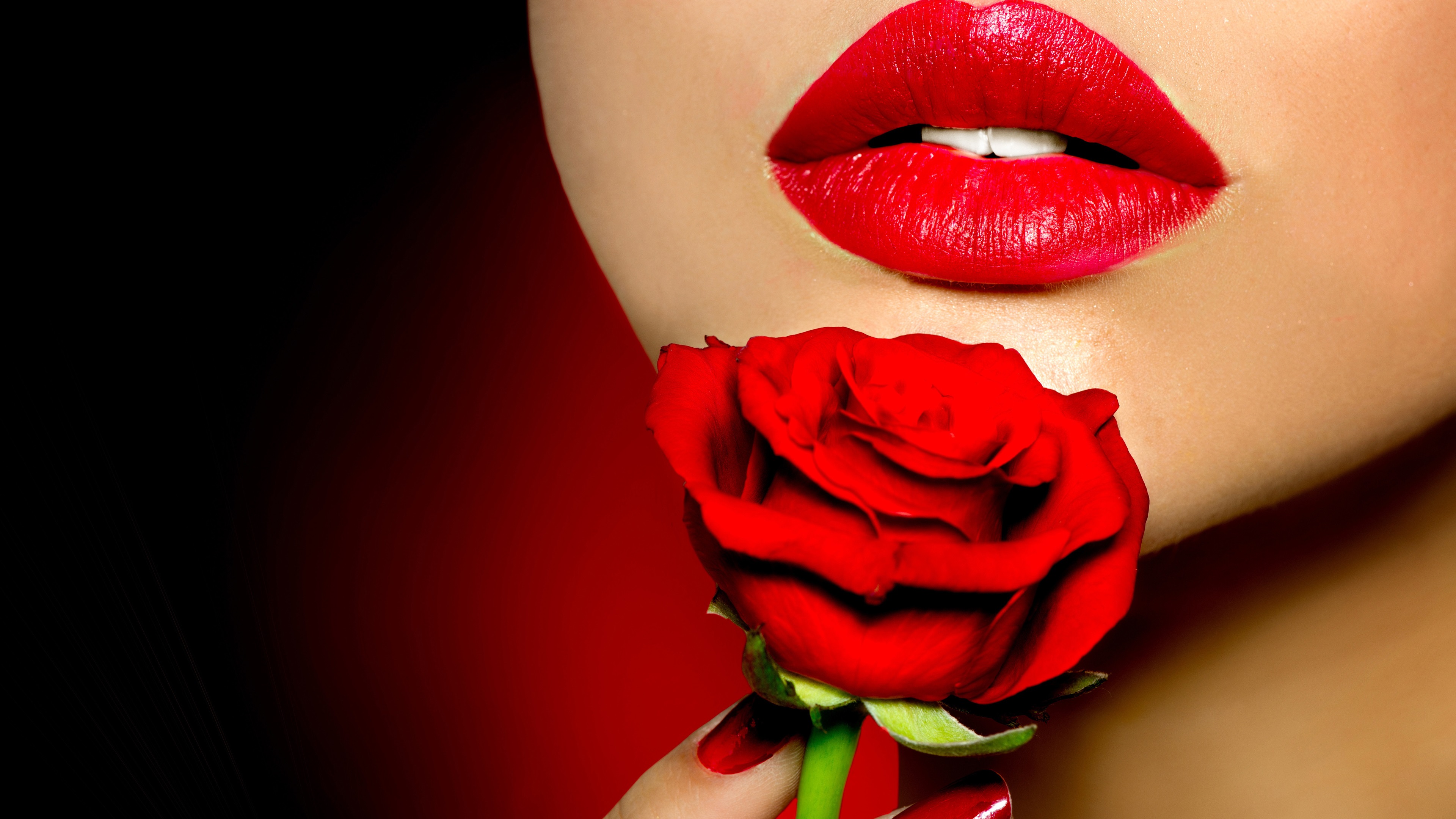 Wallpaper Girl face, lips, lipstick, red rose flower 3840x2160 UHD 4K Picture, Image