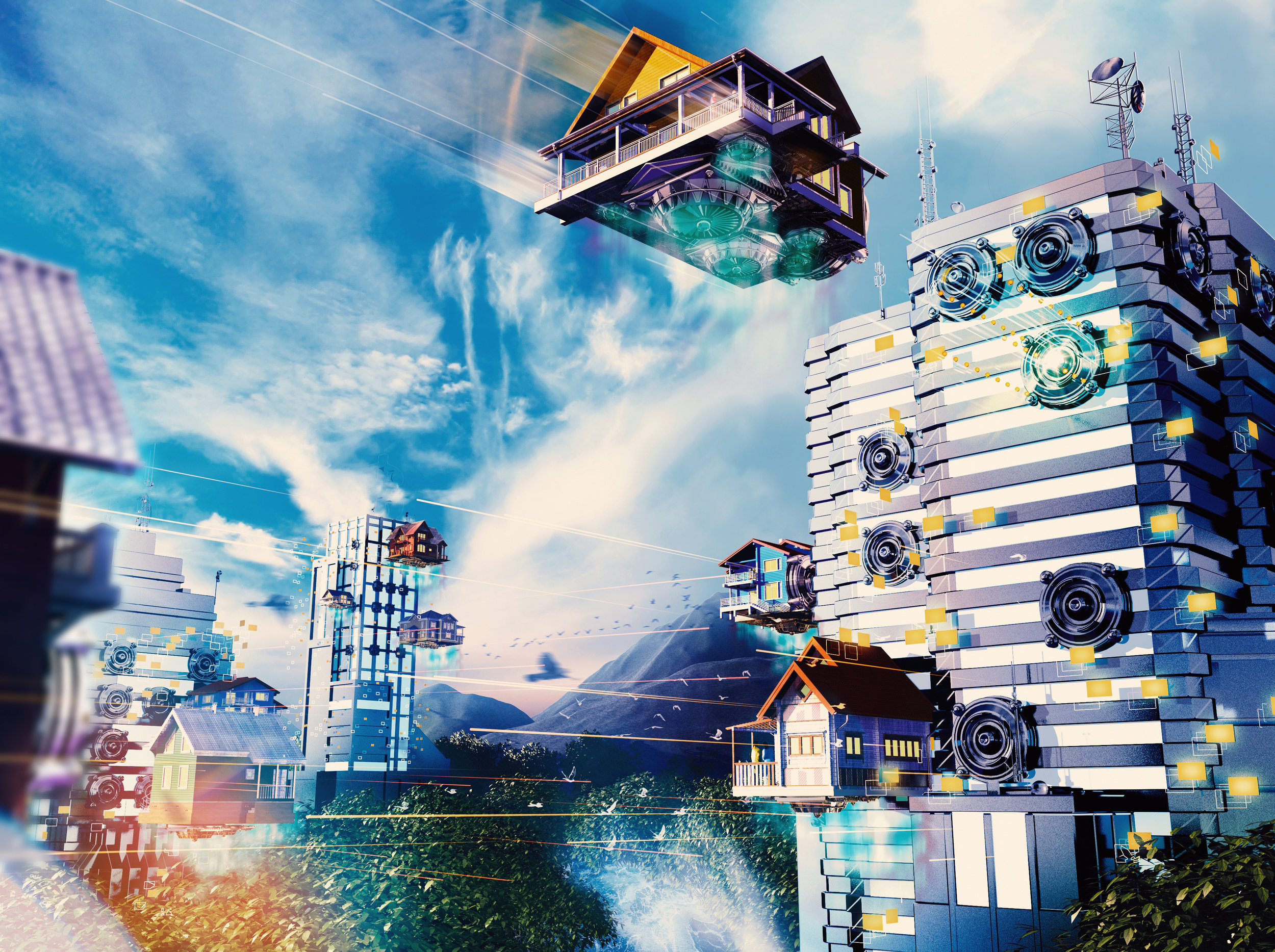 #Flying Houses, #Sci Fi, #City, #Modern, #Futuristic. Mocah HD Wallpaper