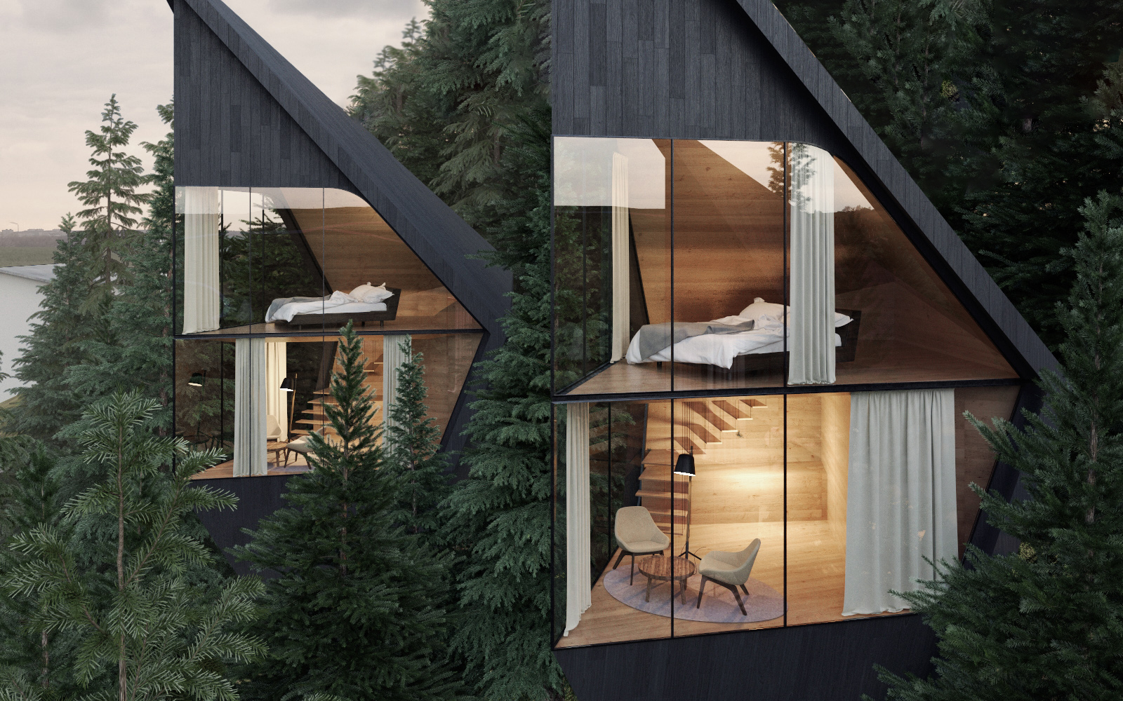 Wallpaper, nature, architecture, modern, forest, Dolomites mountains, house, pine trees, window, chair, bed 1600x1000