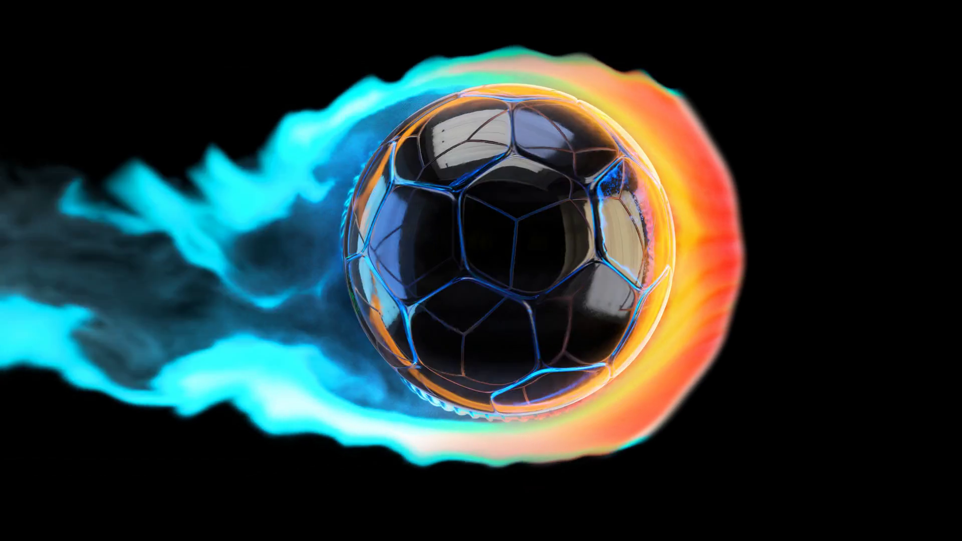 Flying soccer ball on fire on a black background Motion Background