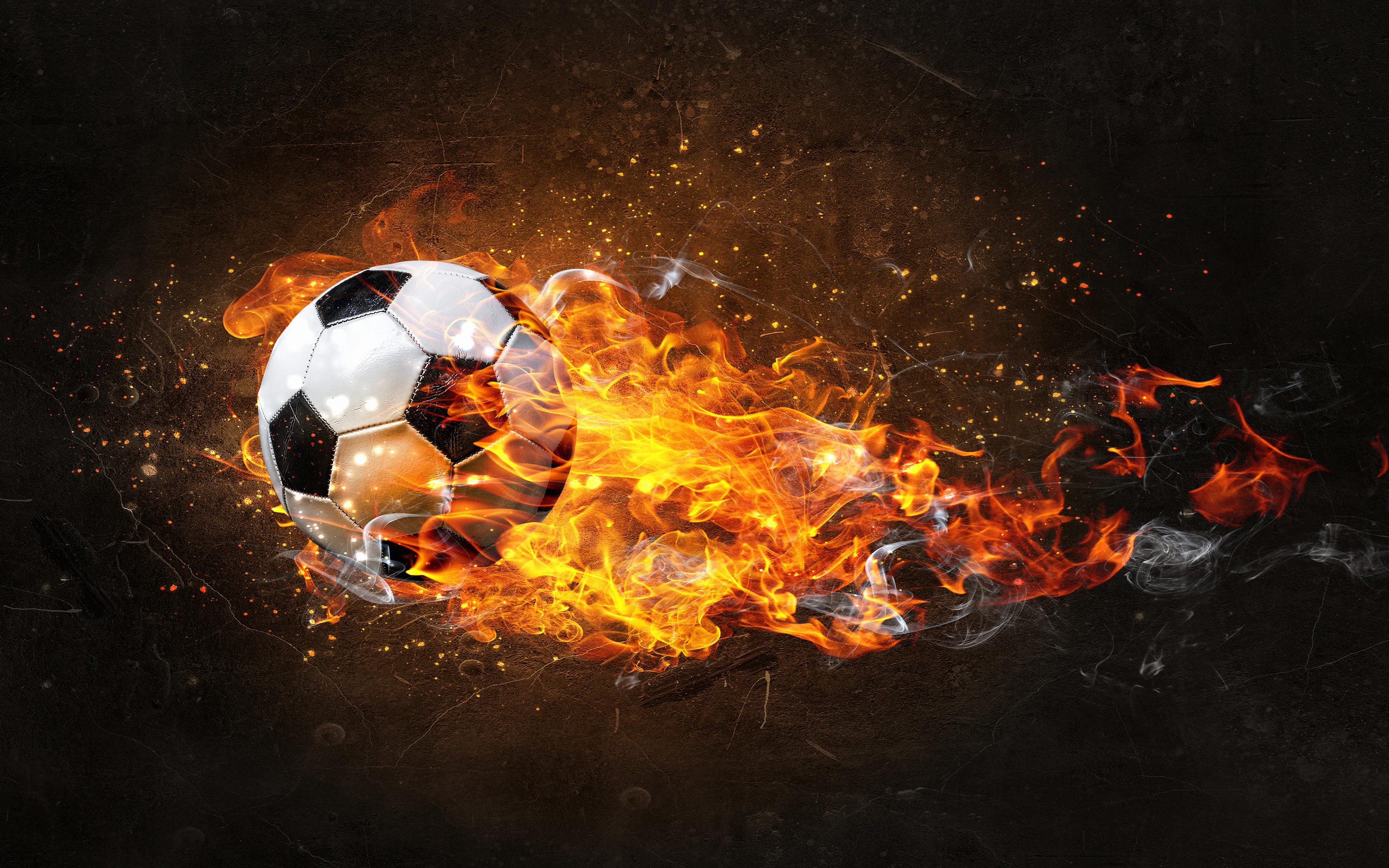 Download wallpaper ball in fire, 4k, flying ball, flame of fire, creative, football, soccer ball, fire with ball for desktop with resolution 3840x2400. High Quality HD picture wallpaper