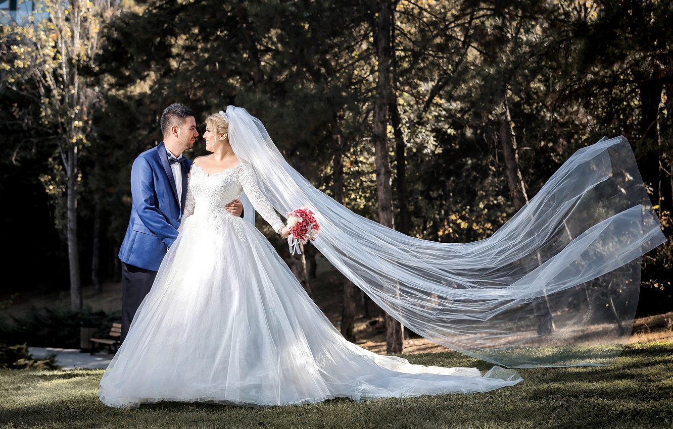 Wallpaper pose, holiday, dress, lovers, the bride, veil, wedding, the groom image for desktop, section настроения