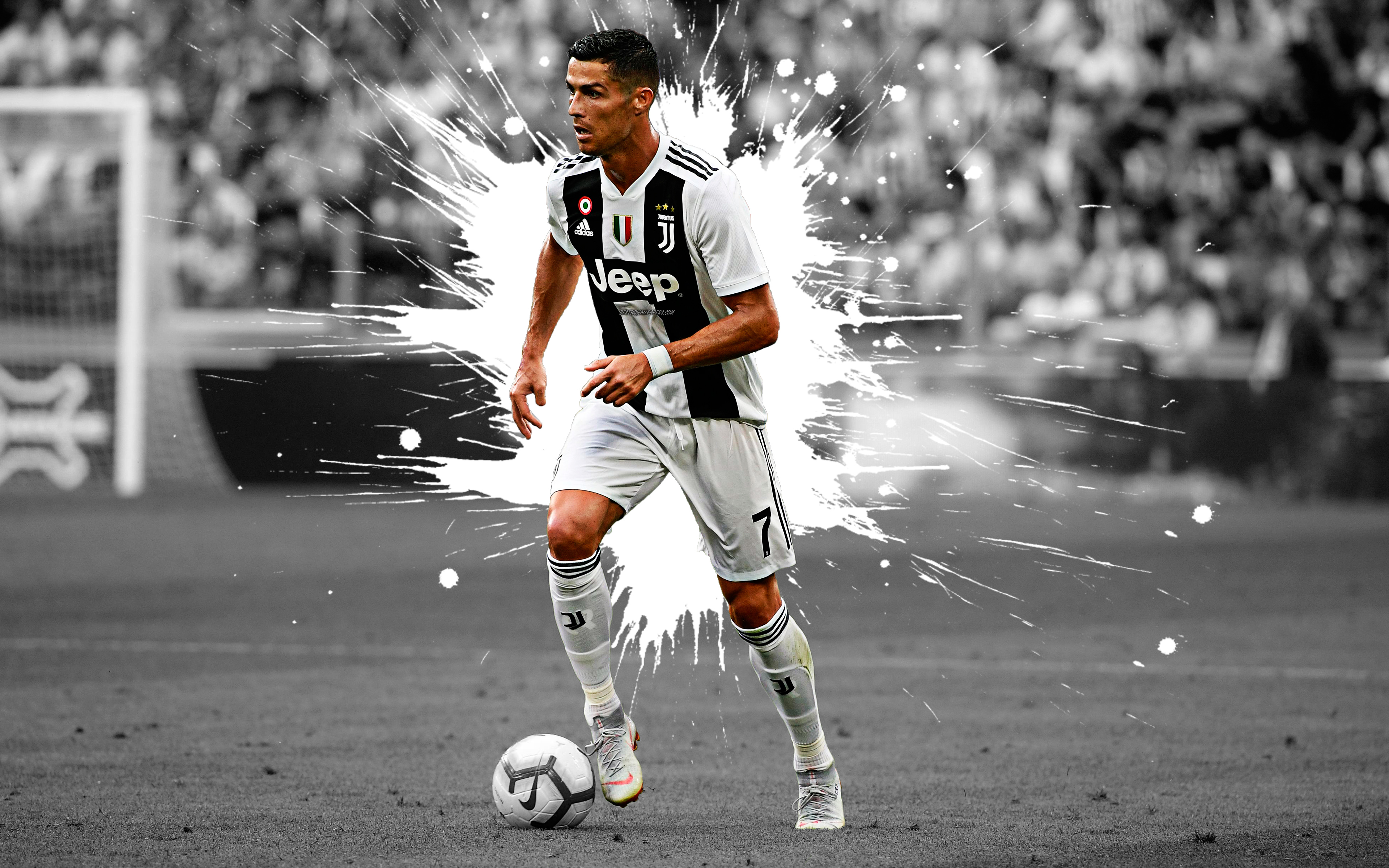 Download wallpaper Cristiano Ronaldo, 4k, art, striker, Juventus FC, Portuguese football player, football star, black and white splashes of paint, grunge art, creative art, Serie A, Italy, football for desktop with resolution