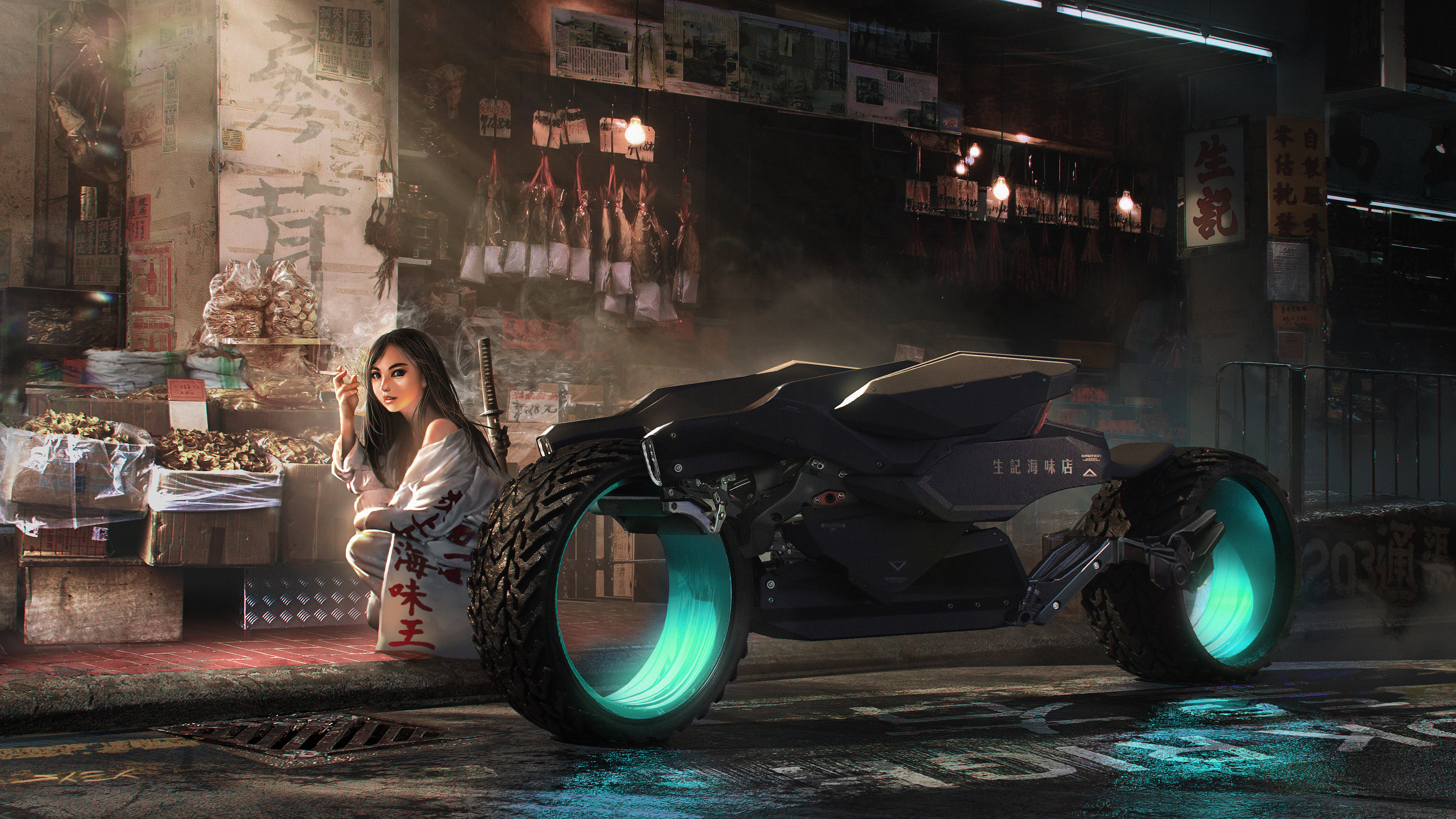 Desktop Wallpaper Girl At Sushi Store, Cyber Bike, Fantasy, Artwork, HD Image, Picture, Background, Ee4e40
