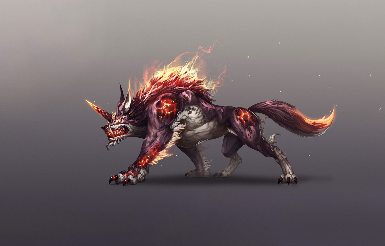 Wallpaper Fantasy, Fire, Monster, Art, Flame, Style, Wolf, Minimalism, Characters, Jangwon Park, Wolf Monster image for desktop, section минимализм