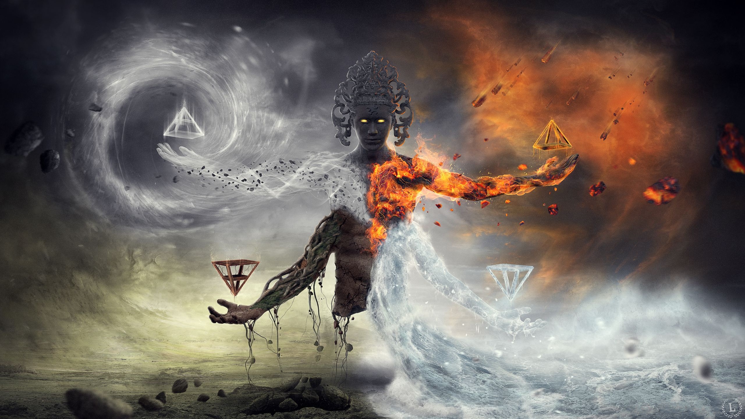 Wallpaper Fantasy art, monster, fire, burning, water 2560x1440 QHD Picture, Image