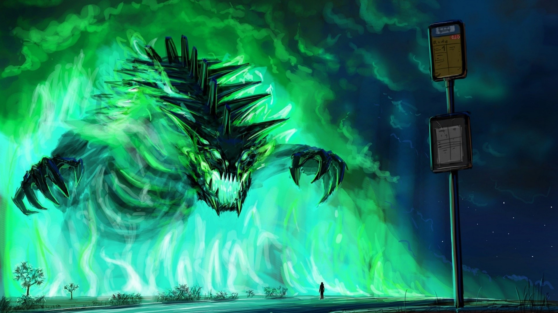 Download 1920x1080 Fantasy Creature, Monster, Green Fire, Artwork Wallpaper for Widescreen