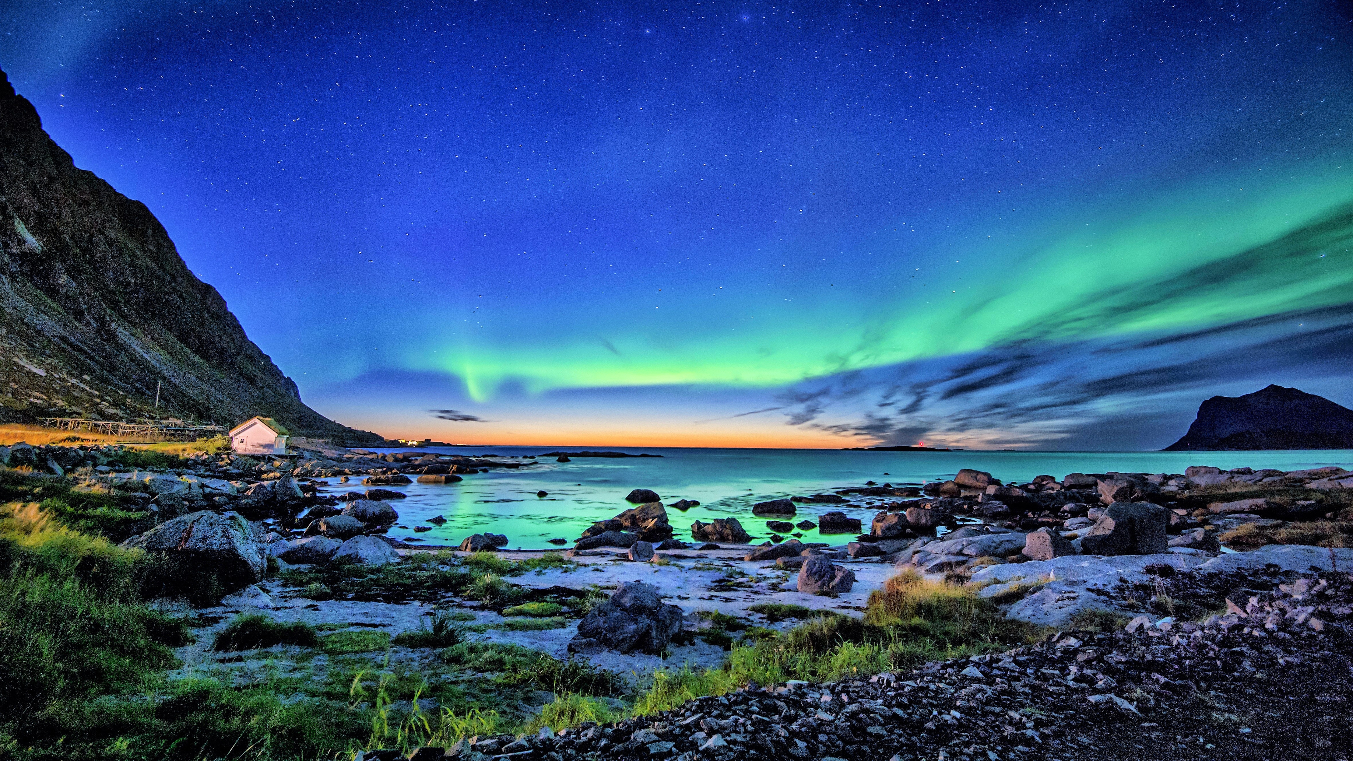 Download 4444x2500 Aurora Borealis, Northern Lights, Stones, Stars Wallpaper