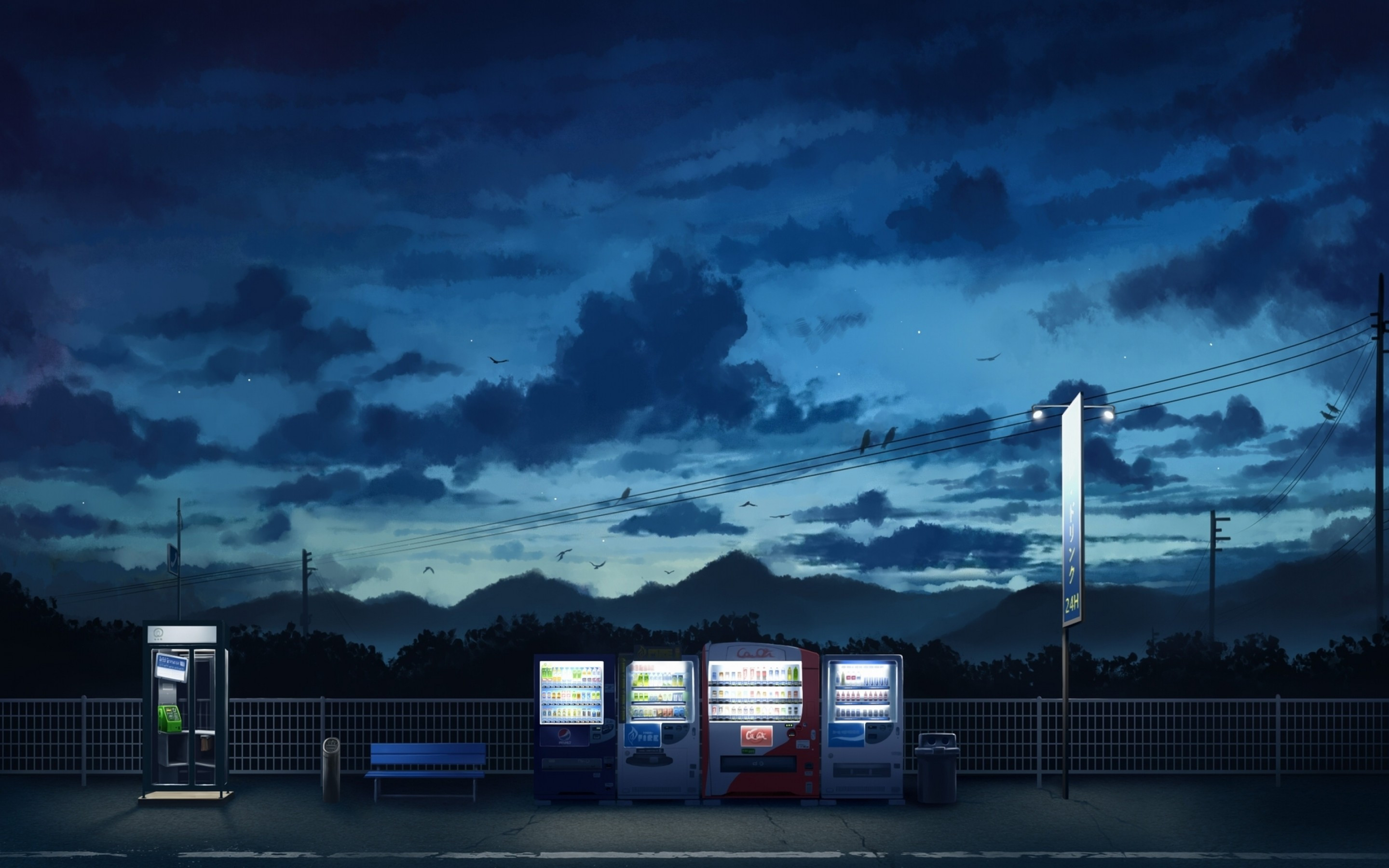 Download 2880x1800 Anime Night, Vending Machines, Scenic, Clouds Wallpaper for MacBook Pro 15 inch