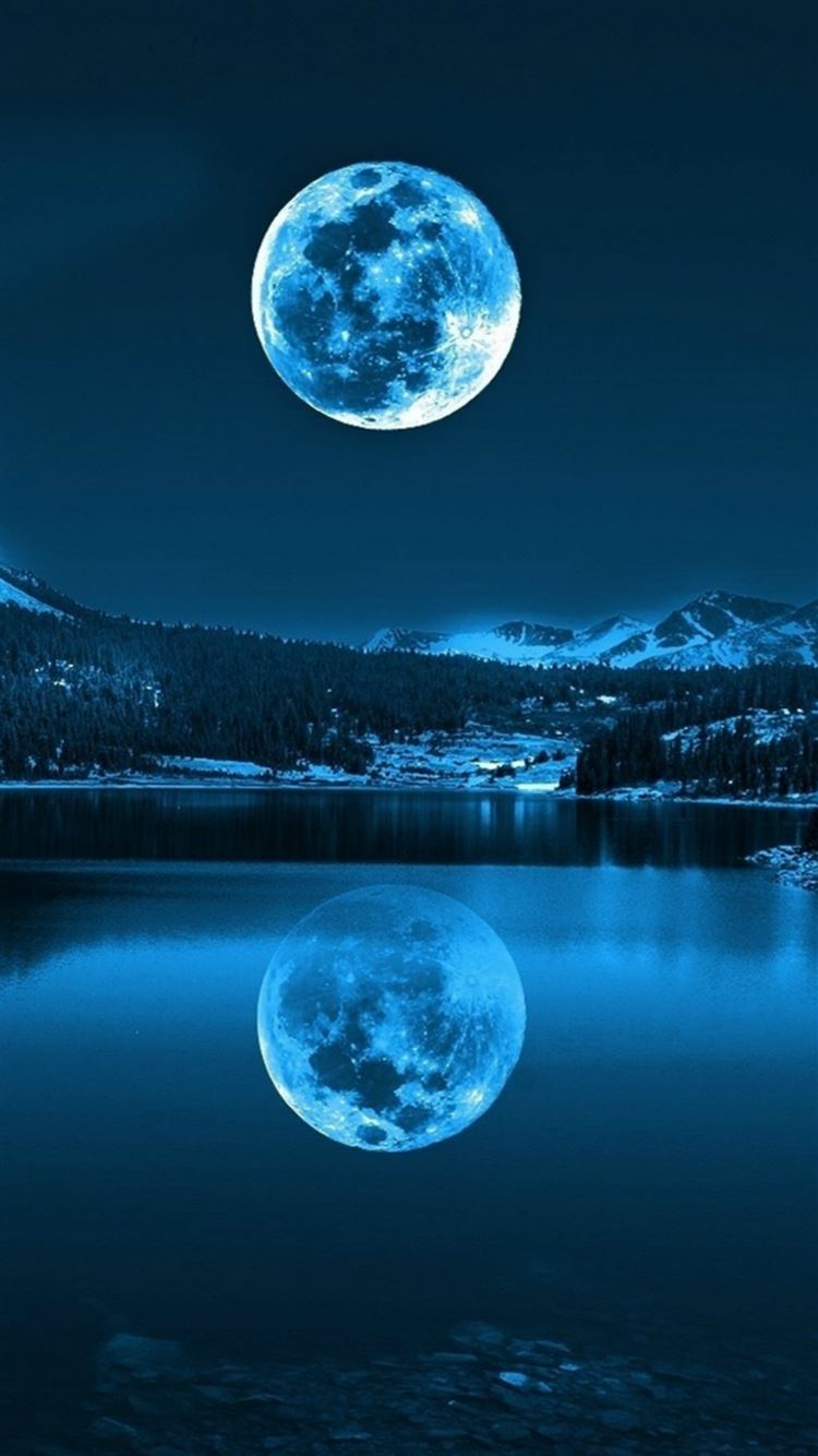 Night Calm Lake Mountains Super Moon Shadow iPhone 8 Wallpaper Free Download
