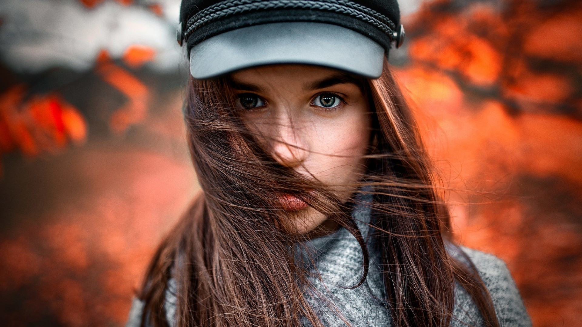 Download 1920x1080 Brunette, Woman, Wind, Model, Hat, Long Hair, Autumn Wallpaper for Widescreen