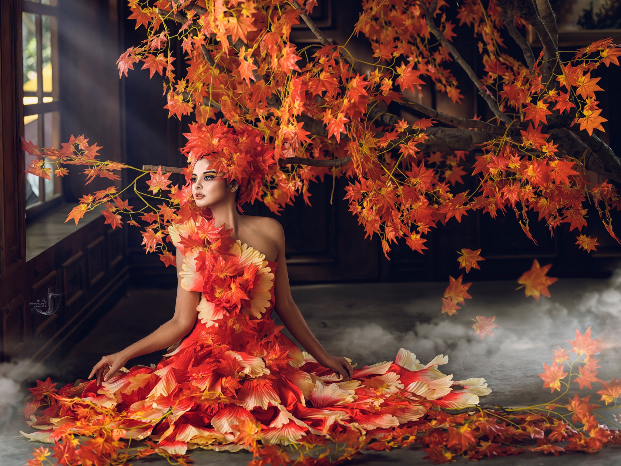 Artistic Fall Girl Leaf Model Orange Dress Woman Wallpaper:2048x1536