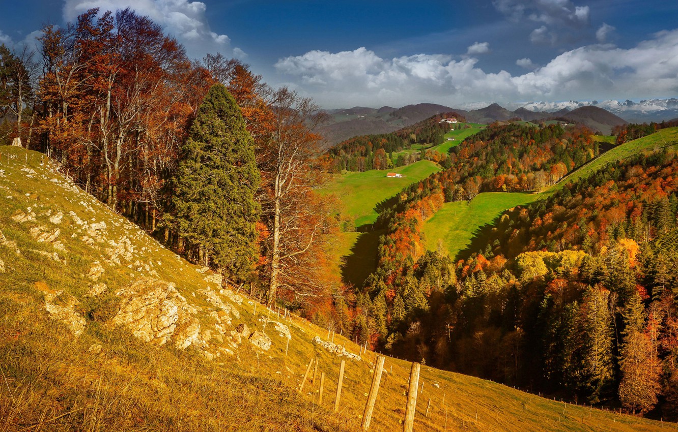 Wallpaper autumn, landscape, mountains, nature, hills, forest, meadows image for desktop, section пейзажи