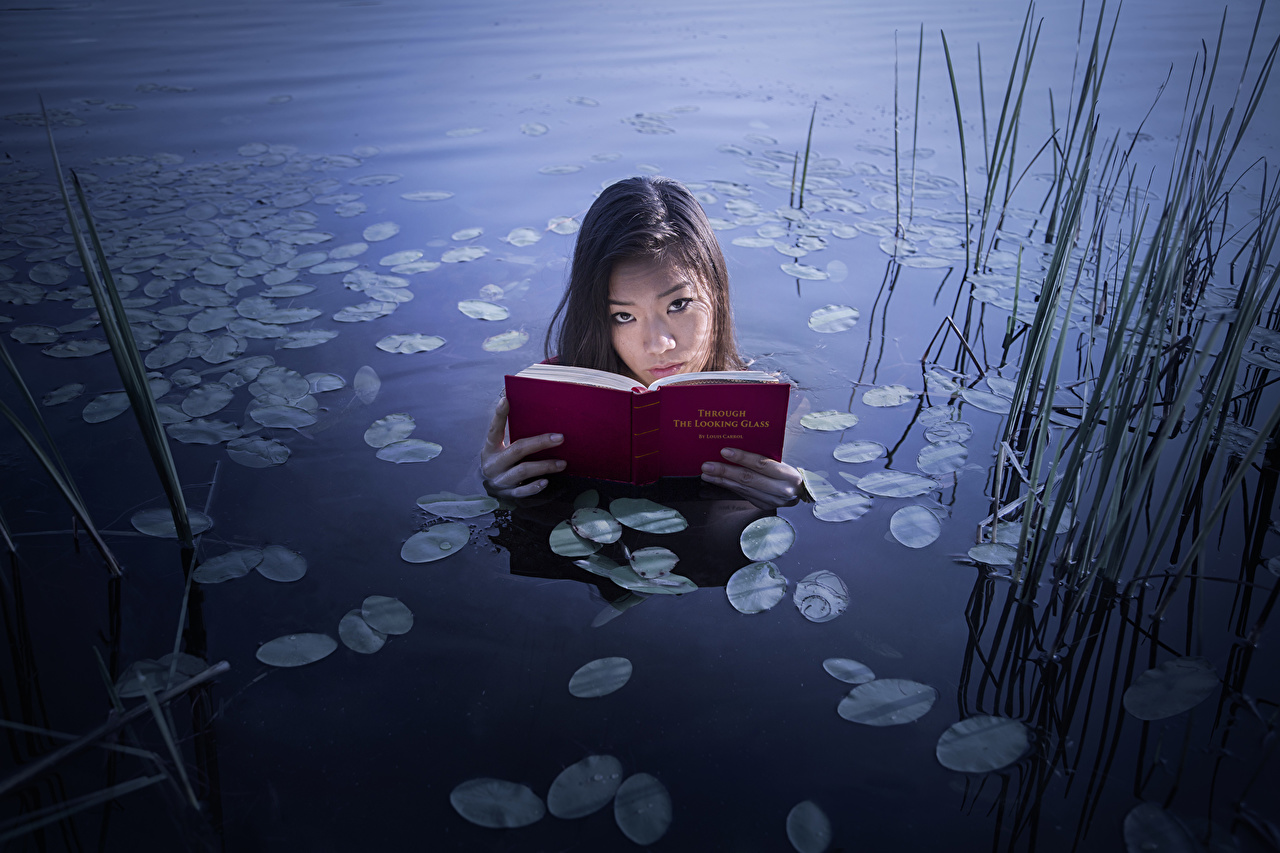 Desktop Wallpaper young woman Nature Reading Lake Asian Book