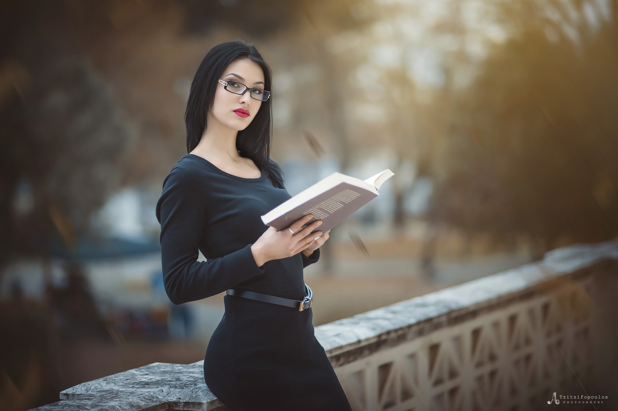 #portrait, #black dress, #women with glasses, #black hair, #Agelos Tzitzifopoulos, #glasses, #balcony, #women, #books, #depth of field, wallpaper. Mocah HD Wallpaper
