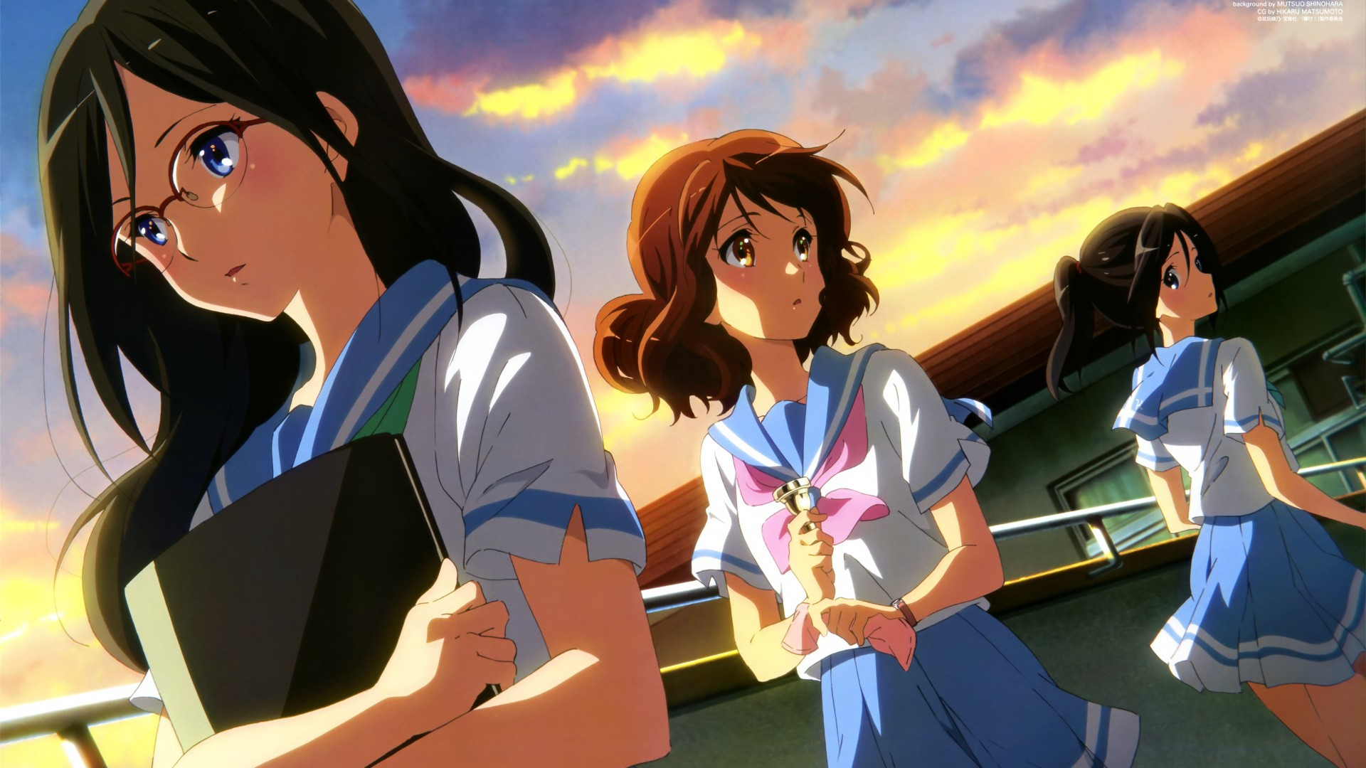 Download 1920x1080 Hibike! Euphonium, Tanaka Asuka, Oumae Kumiko, Kasaki Nozomi, Sunset, School Wallpaper for Widescreen