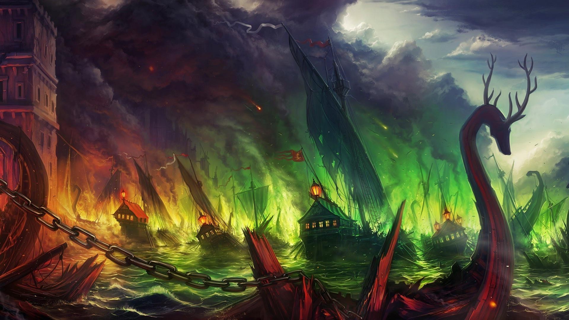 Wallpaper, 1920x1080 px, artwork, Blackwater, clouds, concept art, fantasy art, fire, Game of Thrones, Kings Landing, sea, ship, sinking ships, smoke, war 1920x1080