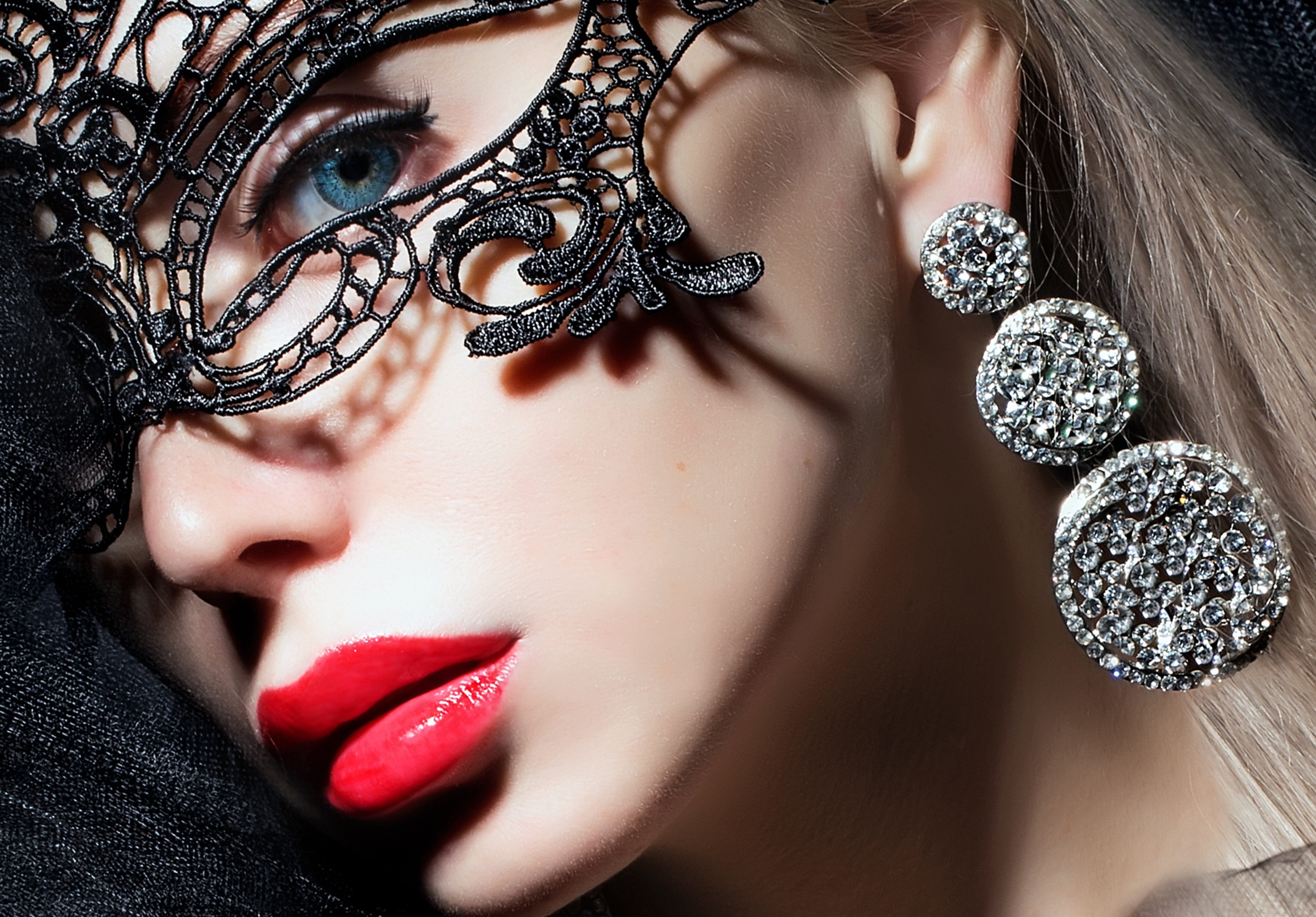 Wallpaper, women, makeup, mask, diamond earrings, juicy lips, blue eyes, sensual gaze 7981x5563