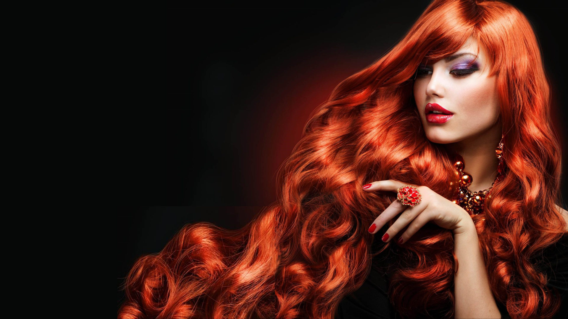 Beautiful women long hair red lips makeup jewelry necklace nail polish HD Wallpaper Background Image, Wallpaper13.com