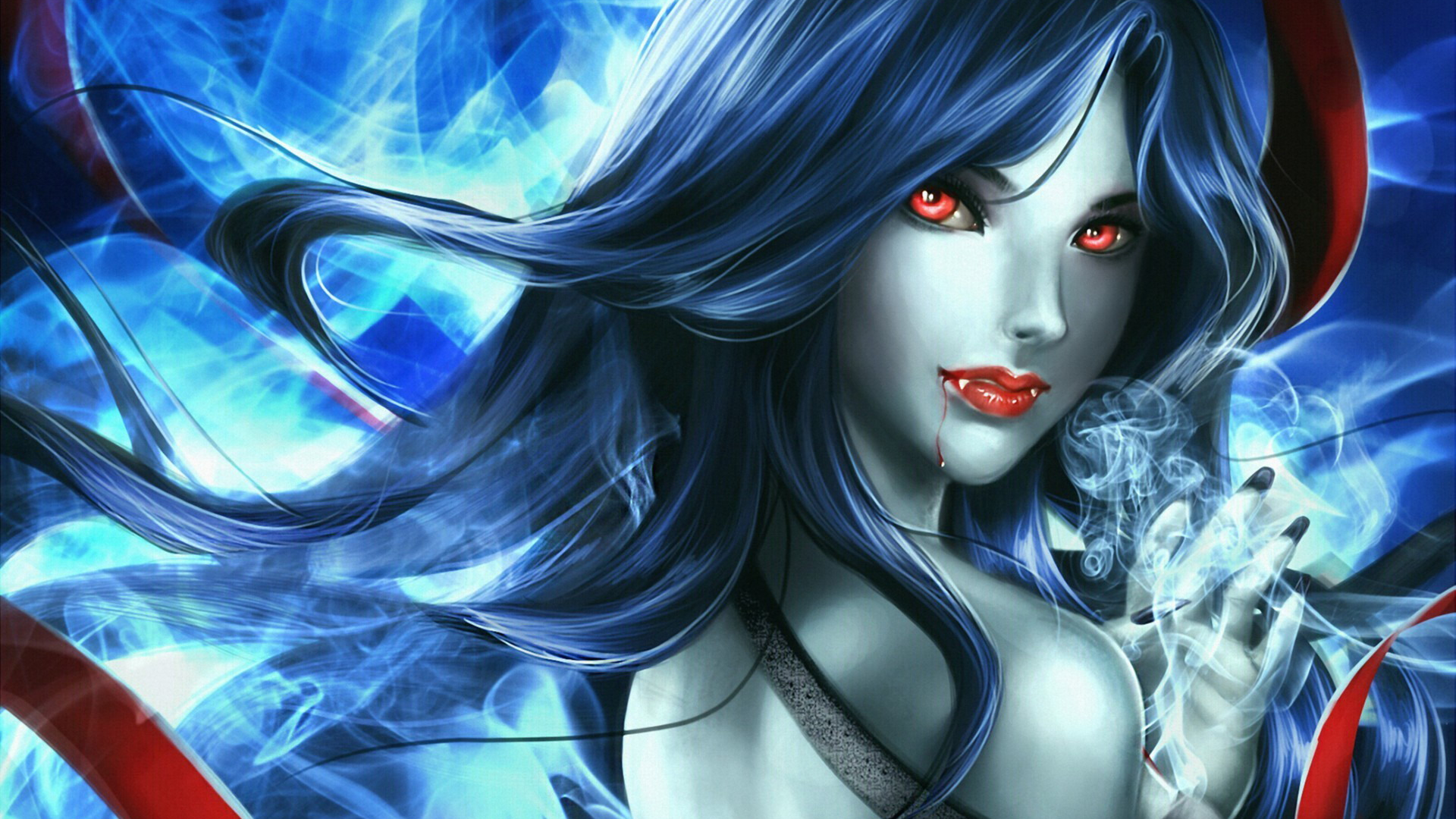 Desktop Wallpaper Blue Hair Fantasy Vampire Girl, HD Image, Picture, Background, Zjzq1w