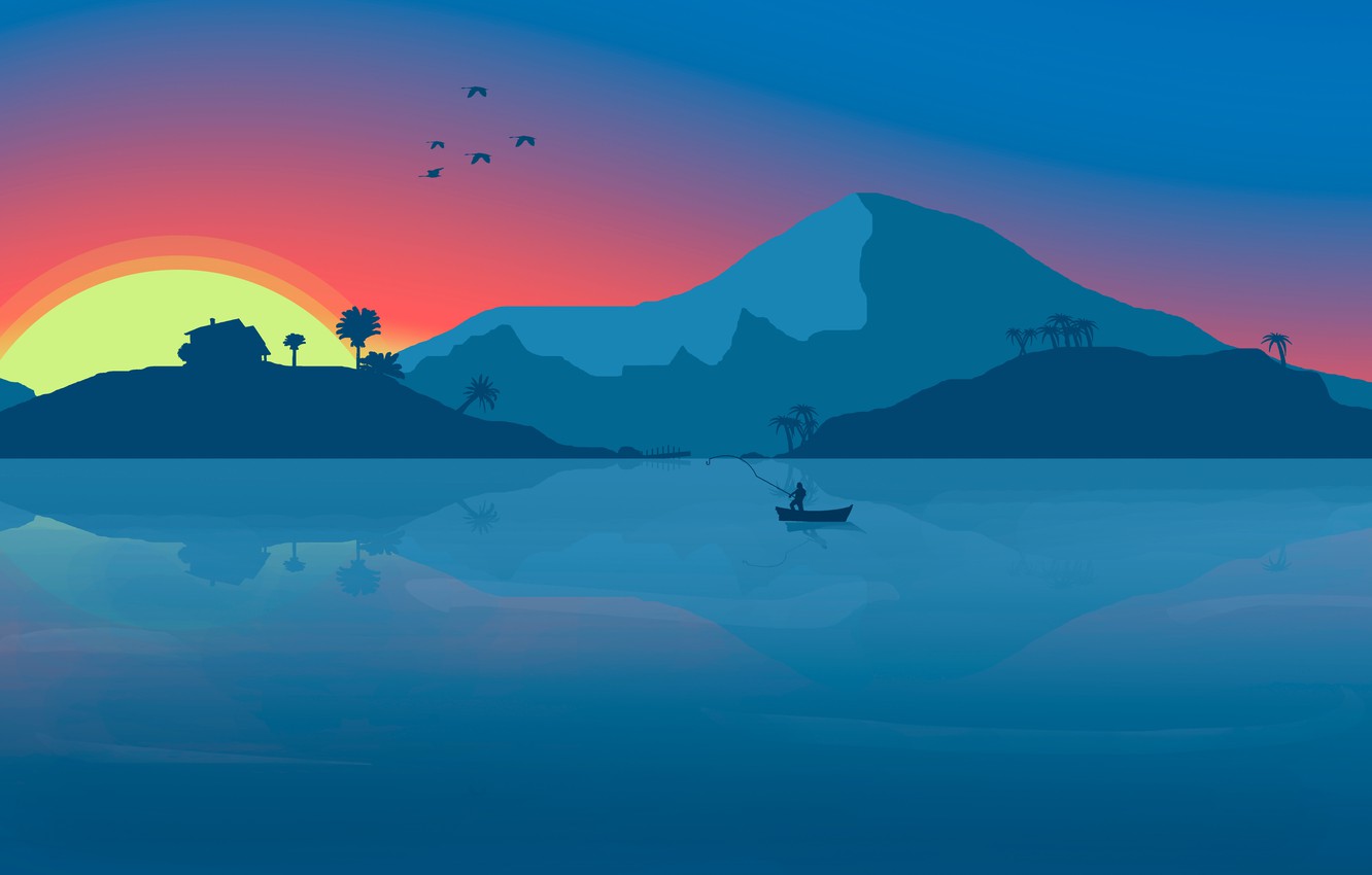 Wallpaper Sunset, Minimalism, Mountains, Lake, River, Boat, House, Birds, Dawn, House, Background, Fishing, Fisherman image for desktop, section минимализм