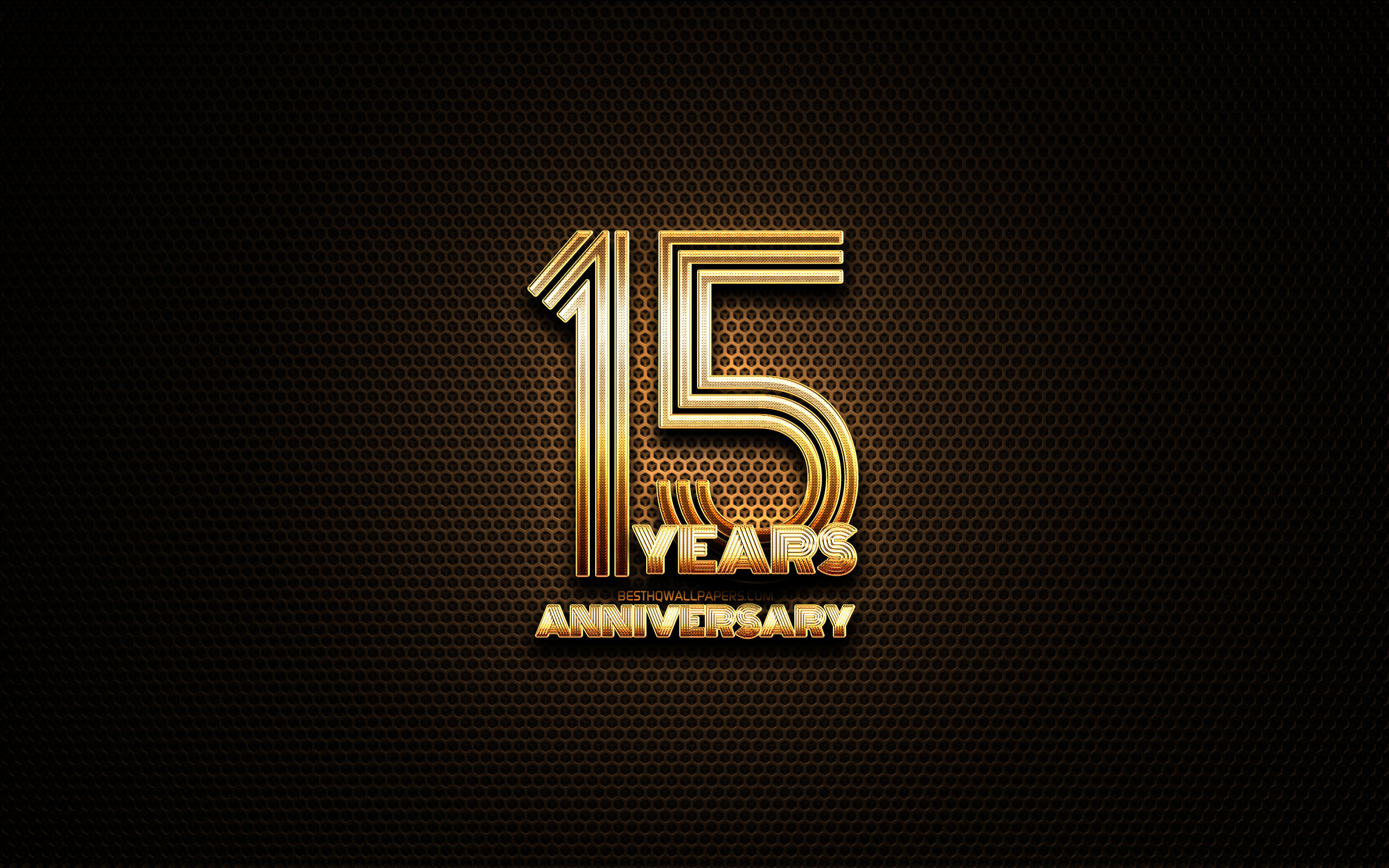 Download wallpaper 15th anniversary, glitter signs, anniversary concepts, grid metal background, 15 Years Anniversary, creative, Golden 15th anniversary sign for desktop with resolution 2560x1600. High Quality HD picture wallpaper